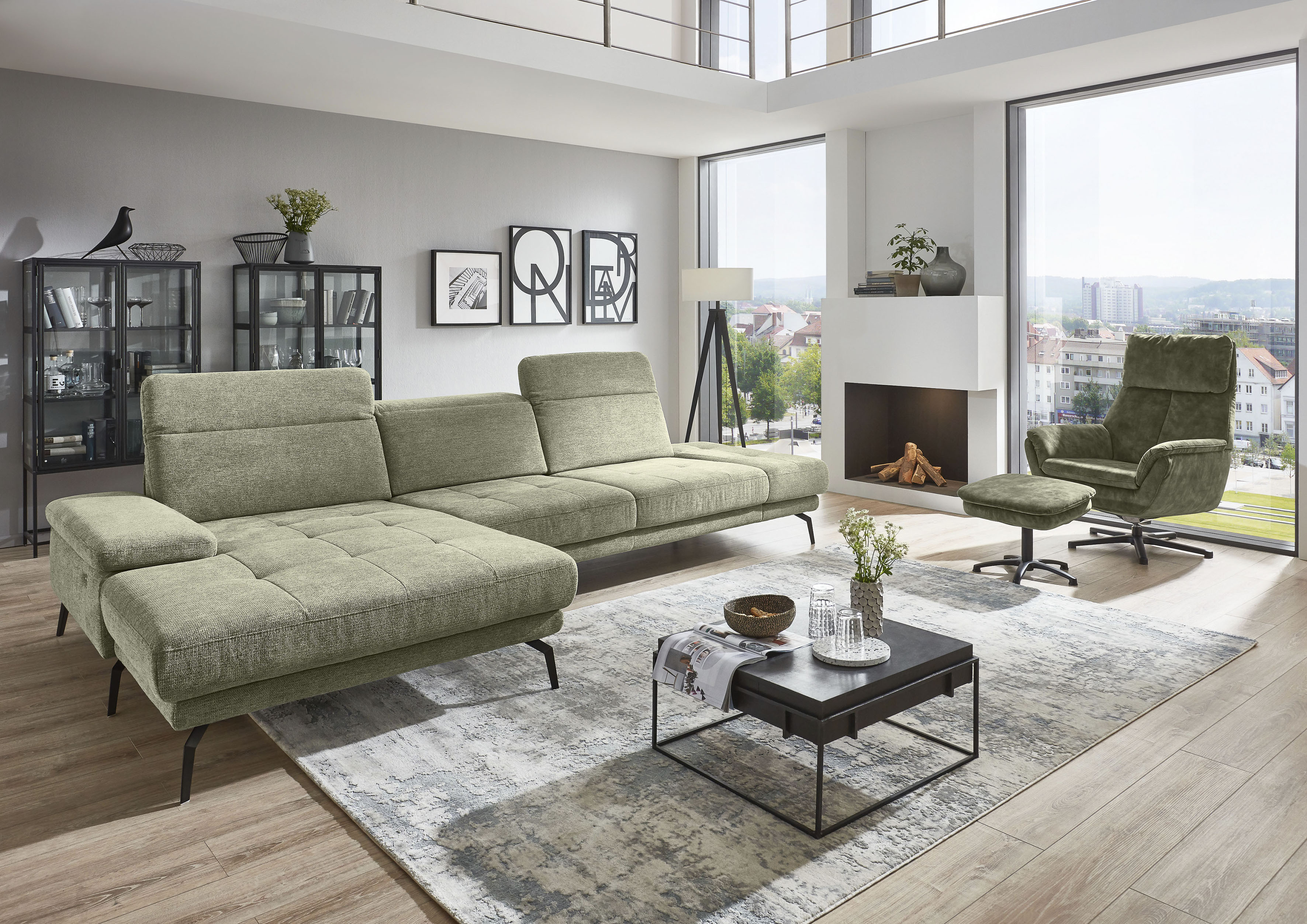 Ecksofa DIE PLANBAR "MP-IN20126 L-Form mit Federkern-Polsterung", grün, B:328cm H:82cm T:190cm, 100% Polyester, Sofas, Ecksofa, mit Kopfteilverstellung, optional Sitztiefen- & Armteilverstellung