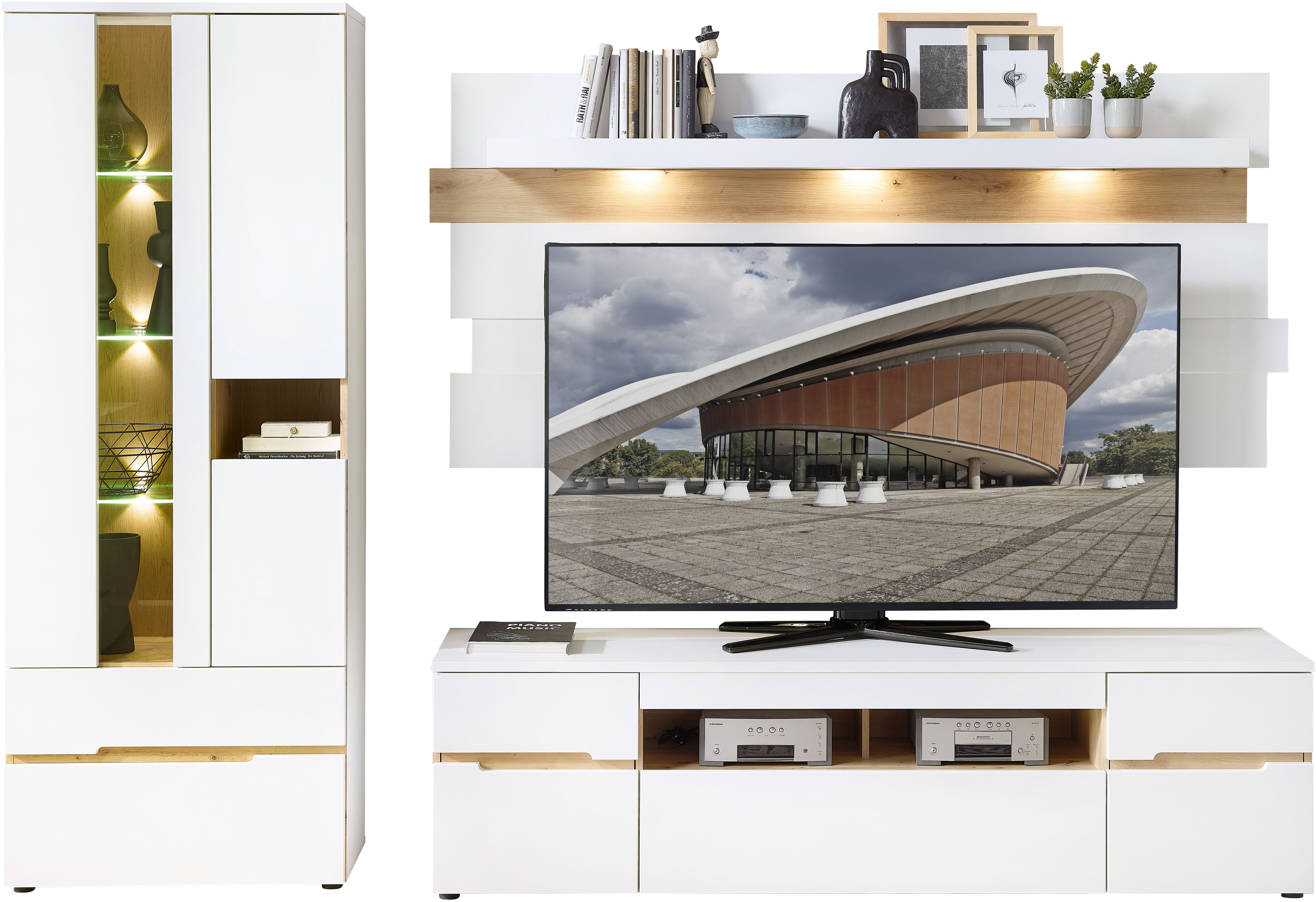 Wohnwand INNOSTYLE "Memphis Wohnwand, 287x197x47cm (B/H/T)", weiß (weiß, artisan eiche), B:287cm H:47cm T:197cm, Glas, Holzwerkstoff, MDF, Kastenmöbel-Sets, Wohnwand