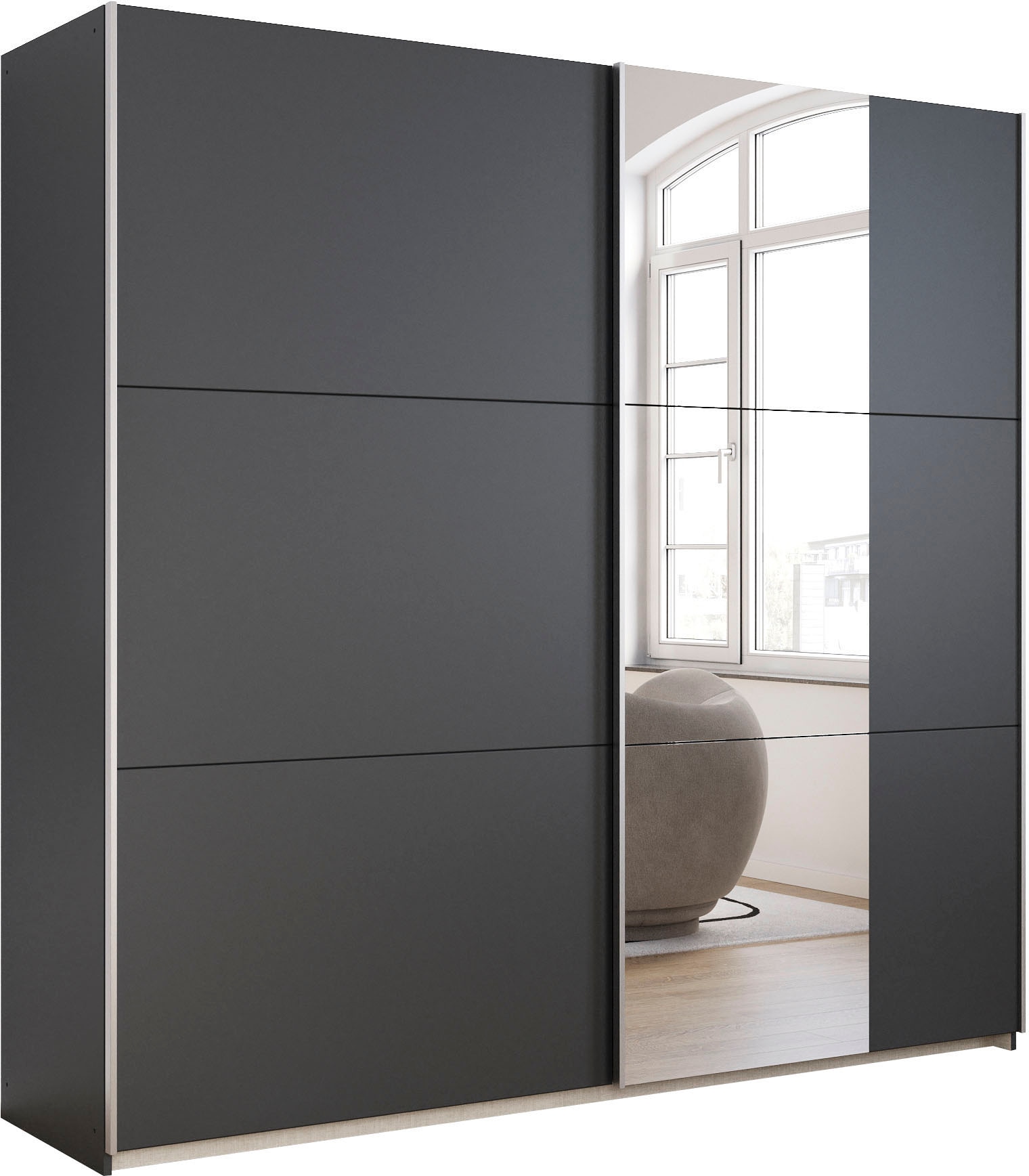 Schwebetürenschrank RAUCH "Kleiderschrank Drehtürenschrank Schrank Garderobe KRONACH TOPSELLER", grau (graumetallic, griffleisten alu, 1 spiegel), B:218cm H:210cm T:59cm, Holzwerkstoff, Schränke, Schwebetürenschrank, mit Spiegel und viel Stauraum,...