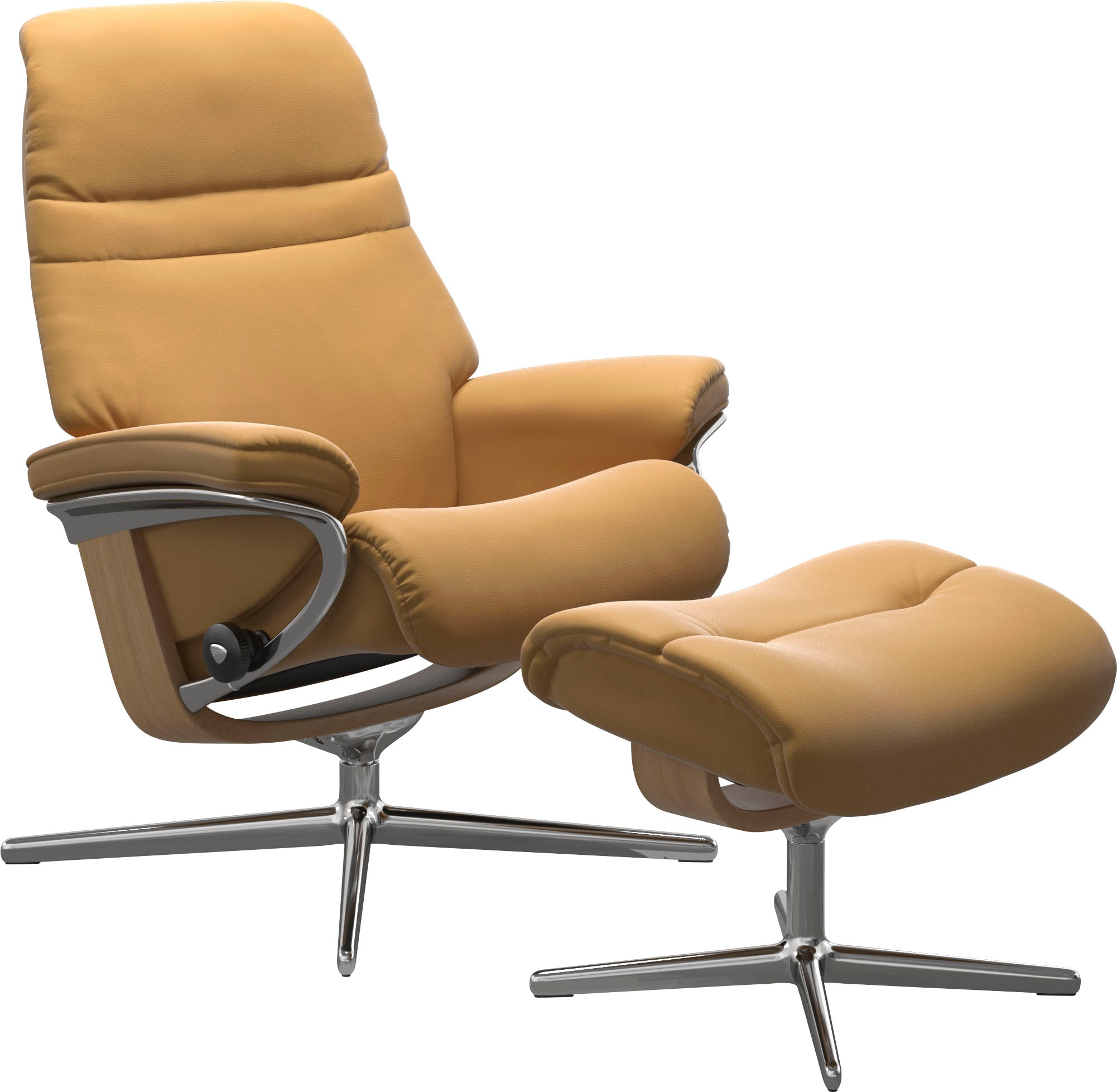 Relaxsessel STRESSLESS "Sunrise", gelb (honey paloma), B:83cm H:105cm T:74cm, Sessel, Relaxsessel, mit Hocker, mit Cross Base, Größe S, M & L, Holzakzent Eiche