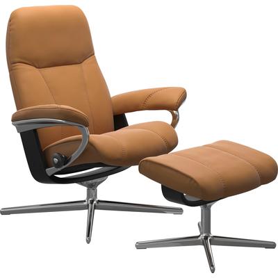 Relaxsessel STRESSLESS "Consul", braun (new caramel), B:82cm H:102cm T:72cm, Sessel, mit Hocker, mit Cross Base, Größe S, M & L, Holzakzent Schwarz Image