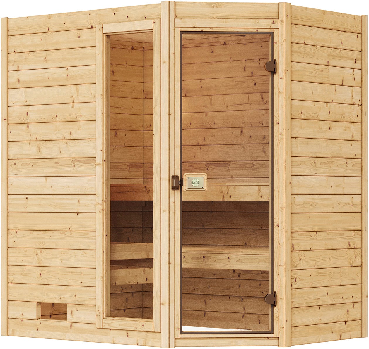 Sauna WEKA "Massivholzsauna VALIDA Eck 1", beige (natur), Saunaofen, externe Steuerung, 7,5 kW, Saunen, Blockbohlen, Fensterelement, moderne Glastür