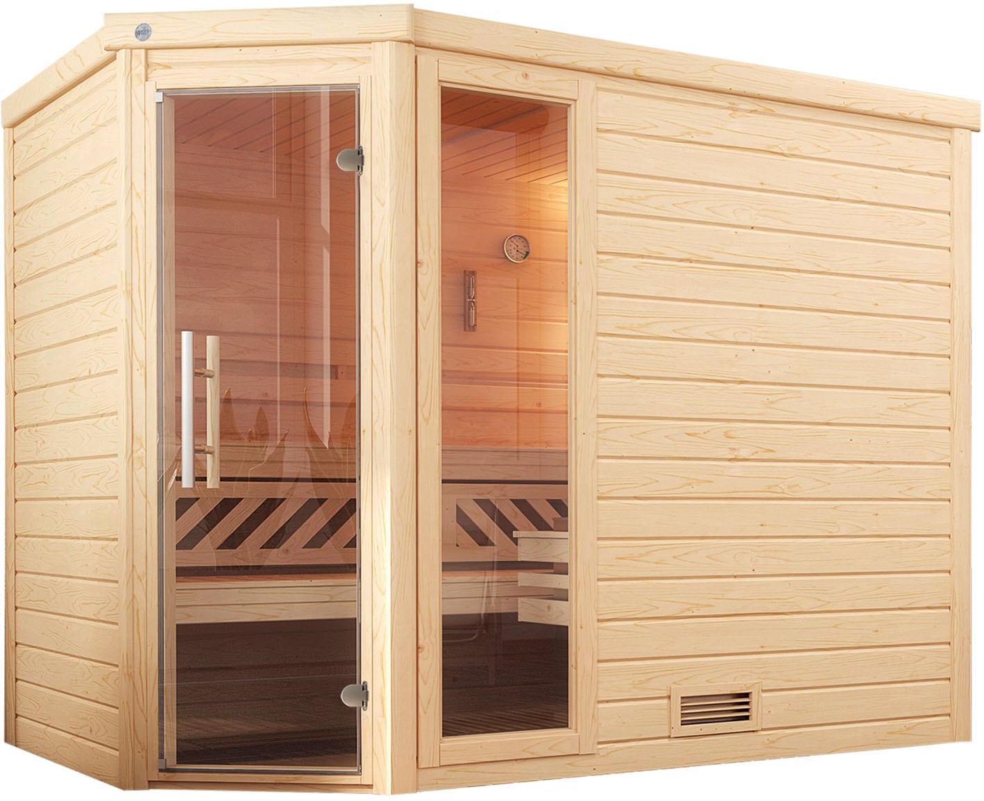 Sauna WEKA "Massivholzsauna TURKU 3", beige (natur), Saunaofen, integrierte Steuerung, 9 kW, Saunen, Blockbohlen, Fensterelement, moderne Ganzglastür Image