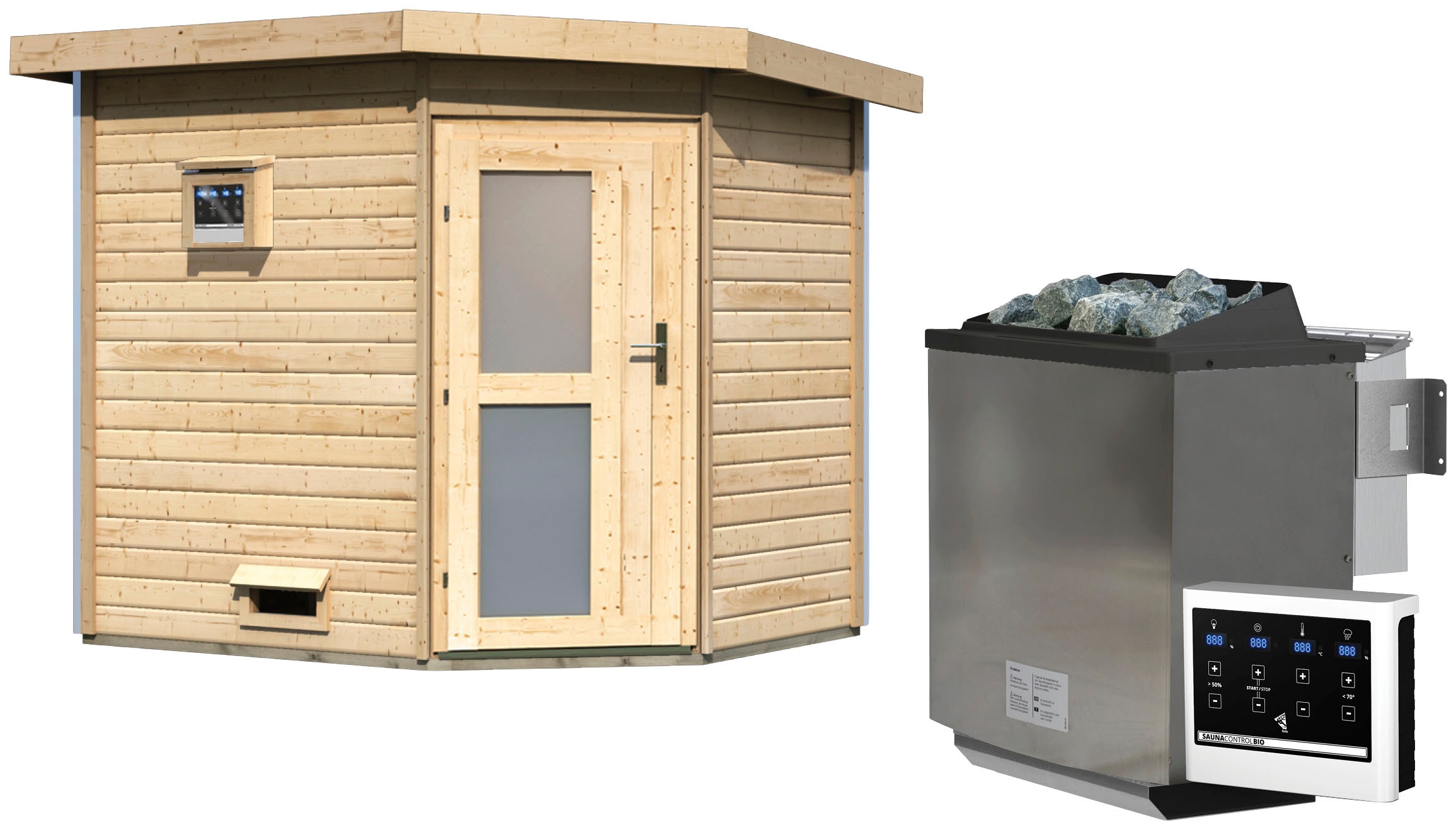 Saunahaus KARIBU "Tore", beige (naturbelassen), Bio-Ofen, externe Steuerung, 9 kW, Saunen, Ofen 9 kW Bio externe Strg easy