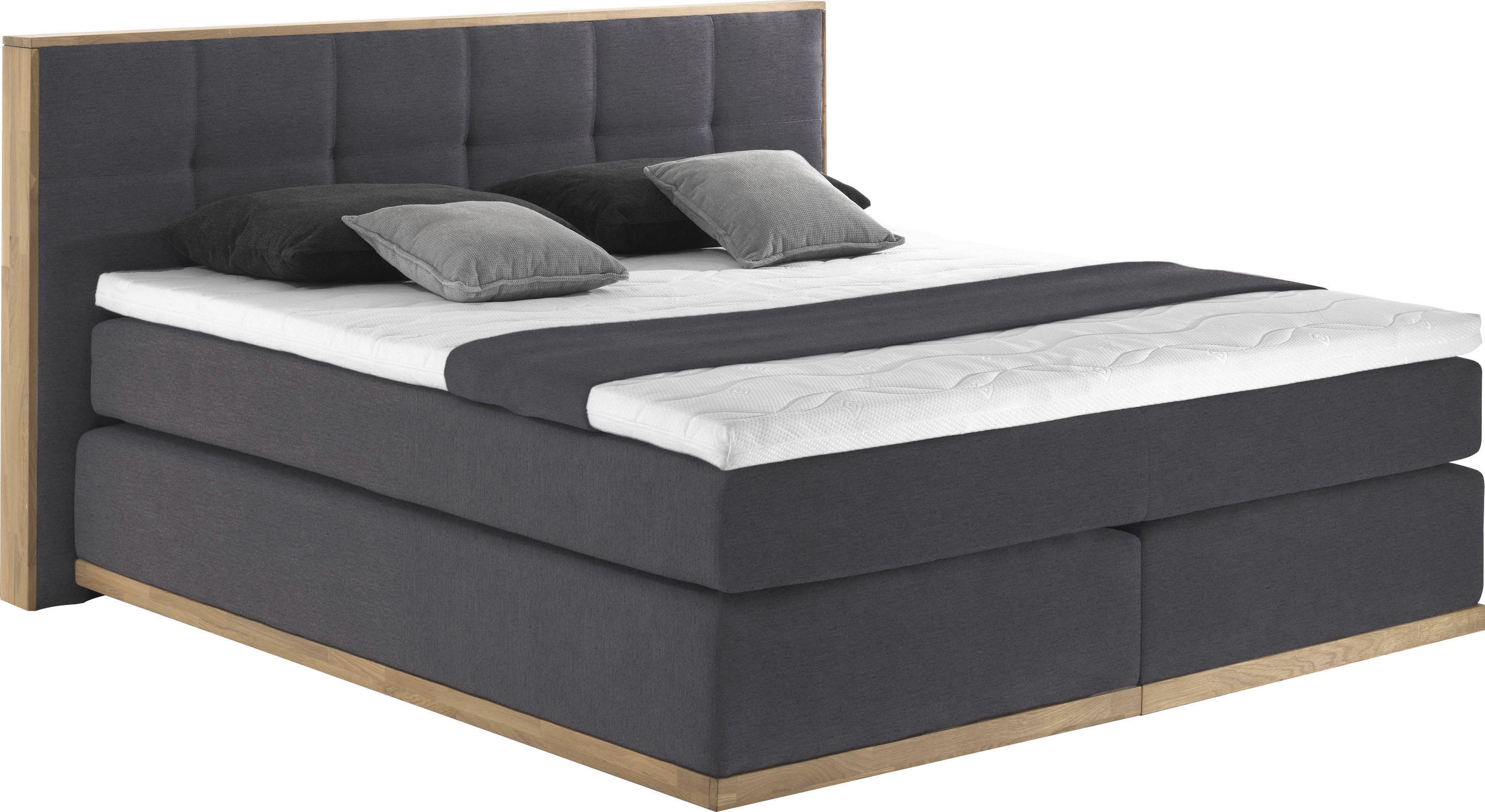 Boxspringbett PLACES OF STYLE "Vinton", grau (anthrazit), B:220cm L:213cm, Komplettbetten, Boxspringbett, aus massiver Eiche, verschiedene Härtegrade (auch H4) Image