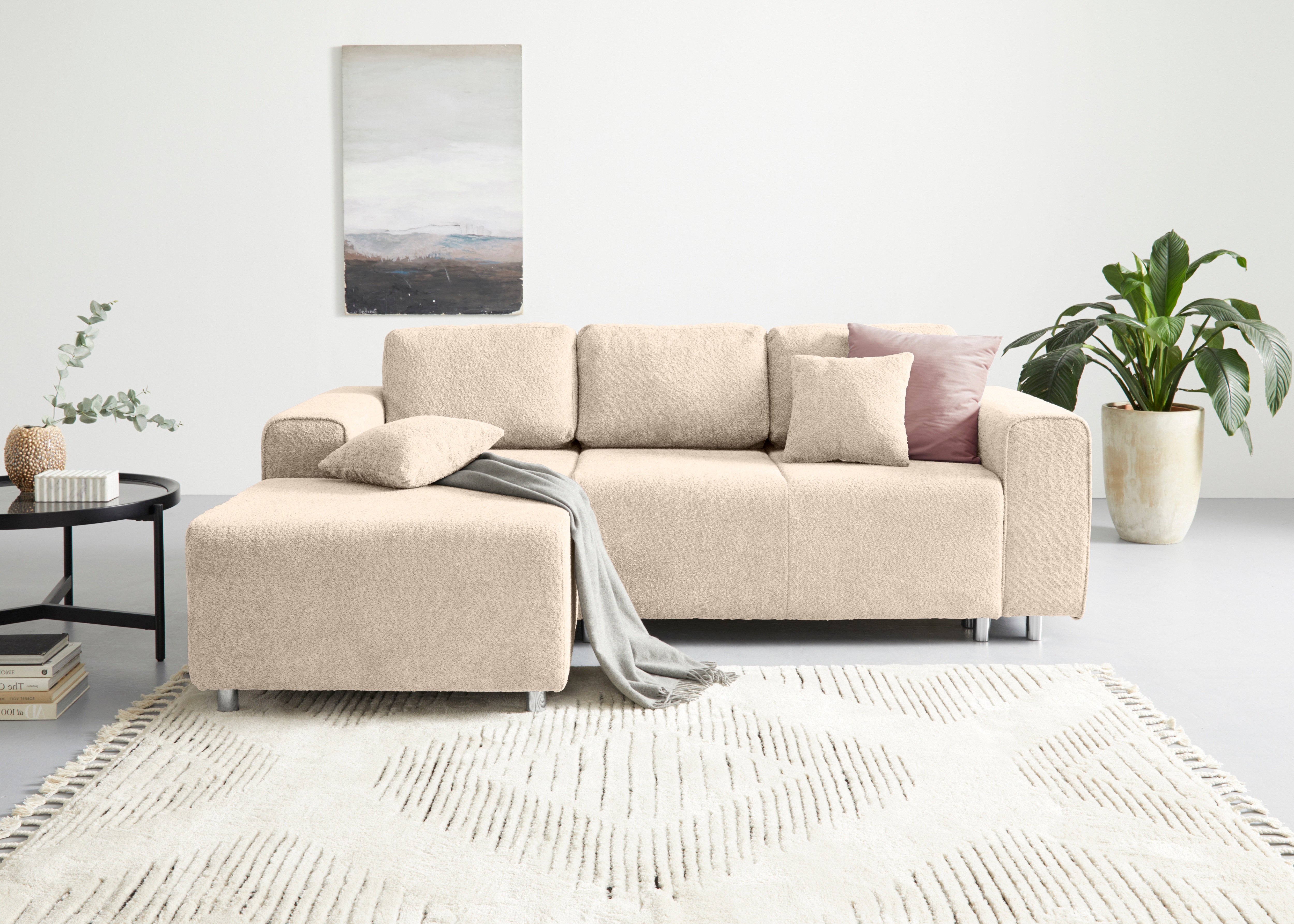 Ecksofa HOME AFFAIRE "Györ", beige (hellbeige), B:235cm H:88cm T:160cm, 100% Polyester, Sofas, L-Form, wahlweise mit Bettfunktion und Bettkasten incl. 2 Zierkissen Image