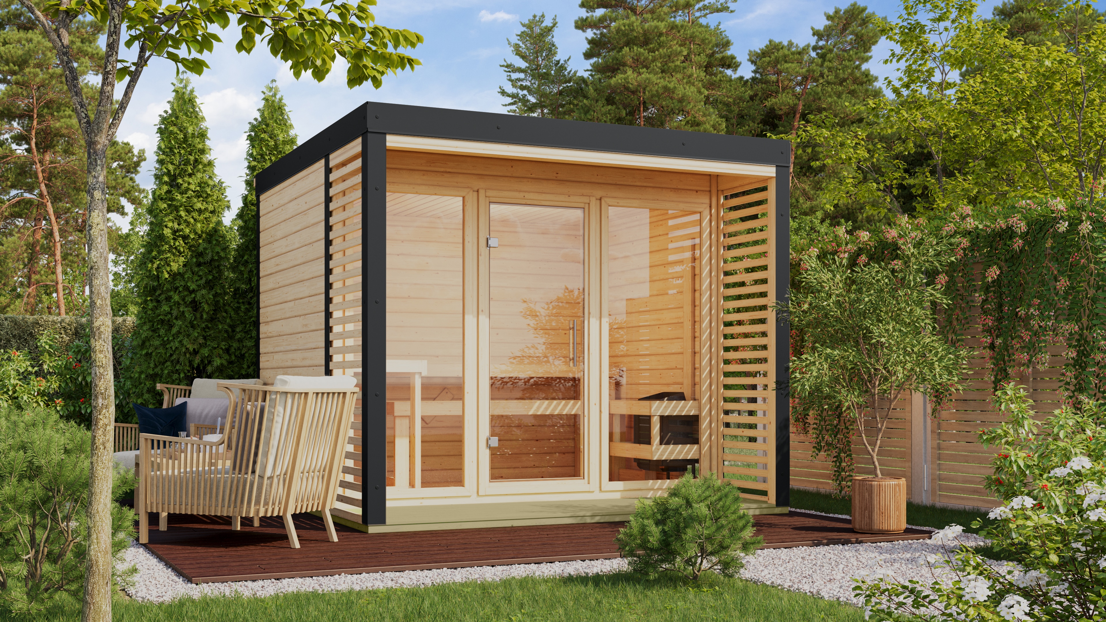 Saunahaus KARIBU "»Adrian 3« naturbelassen/anthrazit", braun (naturbelassen, anthrazit), ohne Ofen, ohne Steuerung, (ohne Ofen), Saunen, in verschiedenen Ausführungen erhältlich. Ofen 9 kW externe Strg easy Image