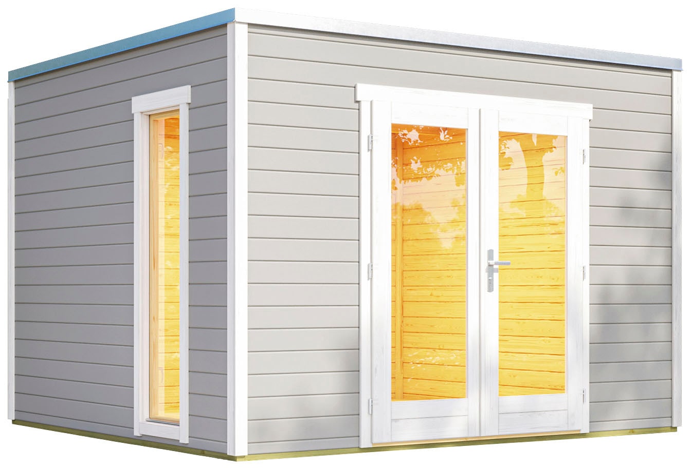 Gartenhaus WEKA "Designhaus P285", grau (hellgrau), Fußboden im Gartenhaus, Gartenhäuser, Gartenhaus, mit Panorama-Glastüren und hohem Fenster