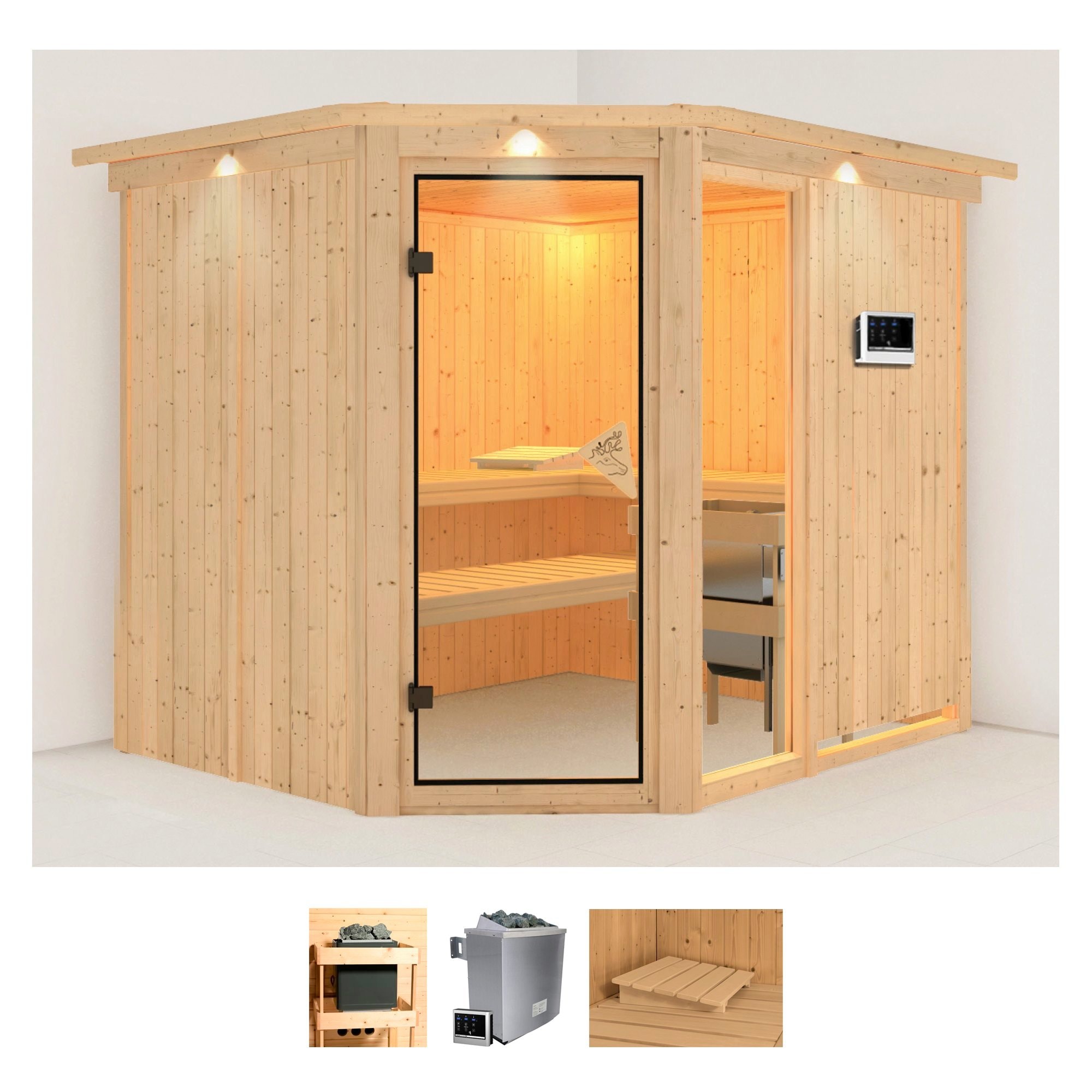 Sauna KARIBU "Frigga 3", beige (naturbelassen), Saunaofen, externe Steuerung, 9 kW, Saunen, 9-kW-Ofen mit externer Steuerung Image