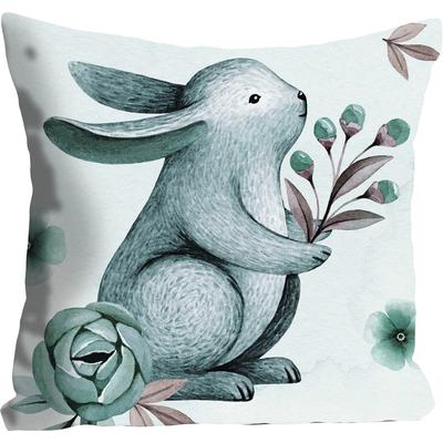 Dekokissen QUEENCE "Sirius", blau (blau, bedruckt), B:40cm L:40cm, Polyester, Dekokissen_Sitzkissen_Kissenhüllen, mit einem Hasen mit Blumen Image