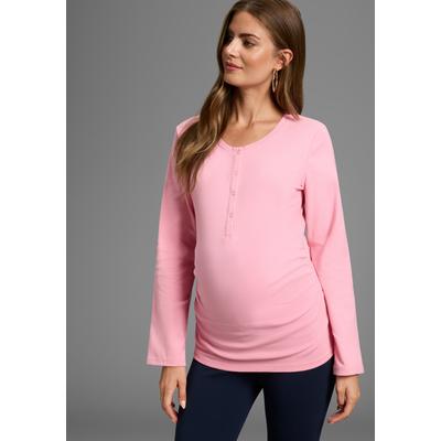 Umstandsshirt NEUN MONATE "2er Pack Stillshirts mit praktischem Ausschnitt", Damen, Gr. 44/46, rosa (rosa, weiß), Jersey, Obermaterial: 95% Baumwolle, 5% Elasthan, unifarben, Basic, Basic hüftlang, Langarm, Shirts, 2er Pack Umstands-Shirt für... Image