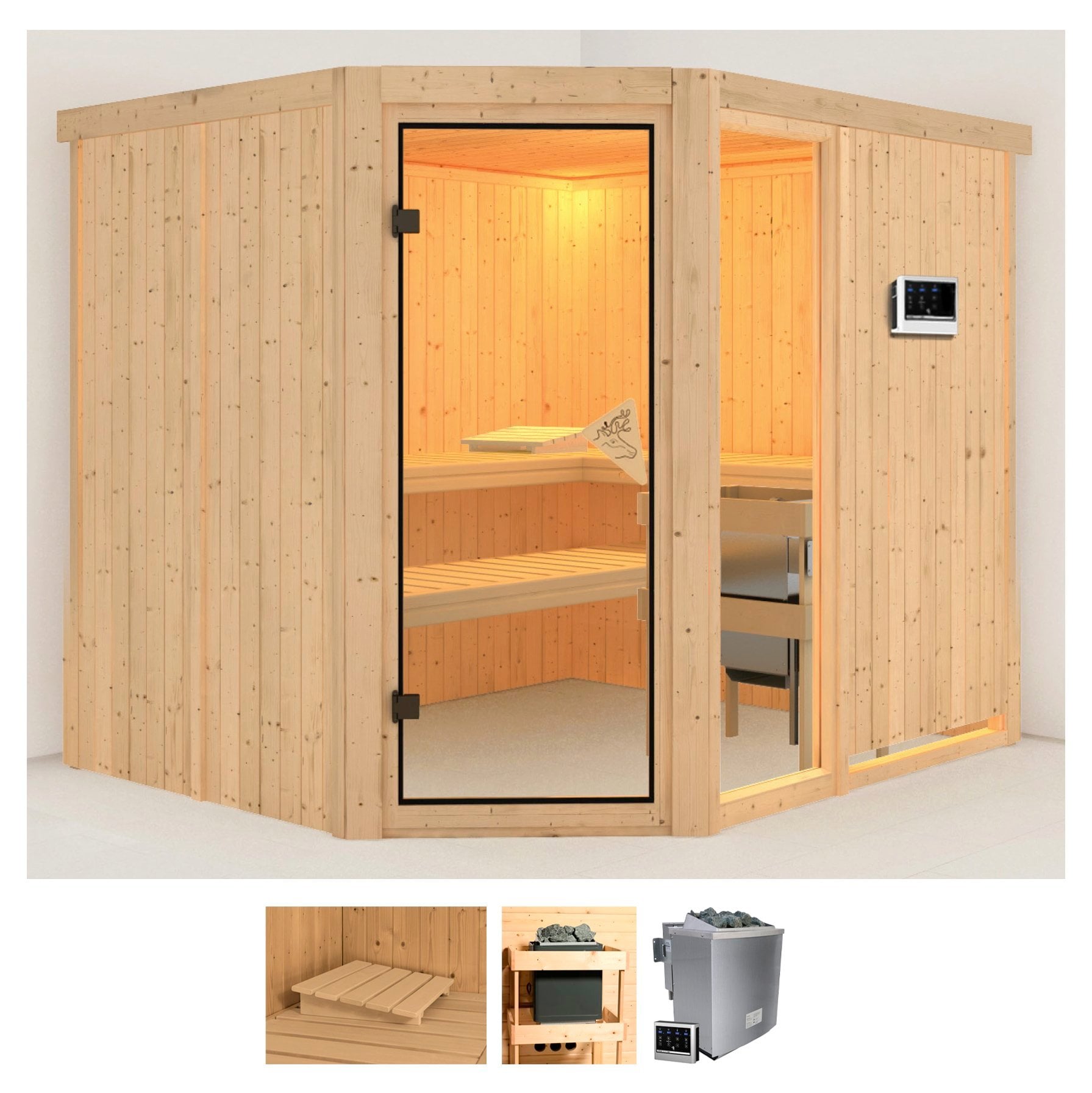 Sauna KARIBU "Frigga 3", beige (naturbelassen), Saunaofen, externe Steuerung, 9 kW, Saunen, Ofen 9 KW externe Strg easy