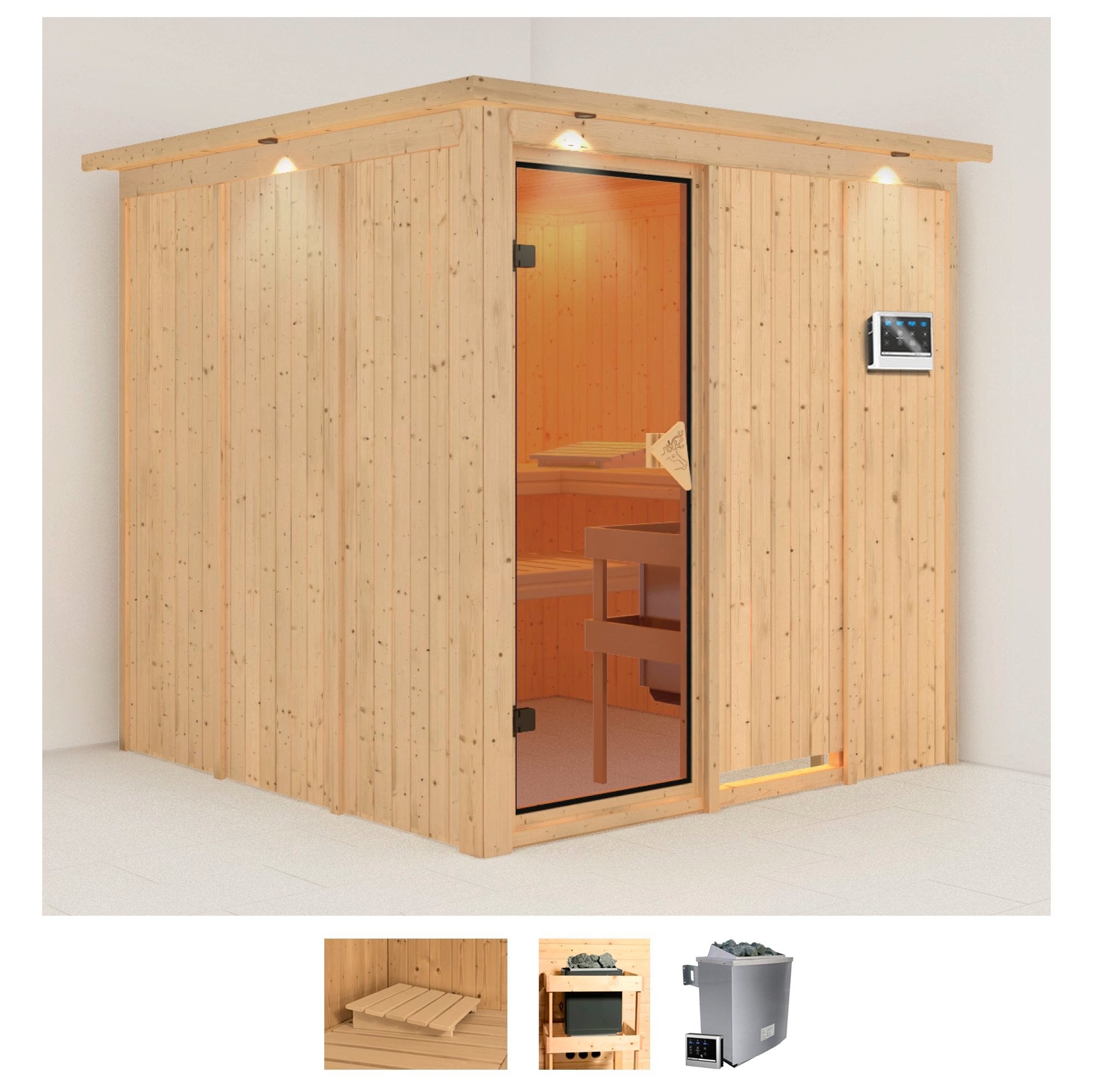 Sauna KARIBU "Rodin", beige (naturbelassen), Bio-Kombiofen, externe Steuerung, 9 kW, Saunen, Ofen 9 kW Bio externe Strg easy