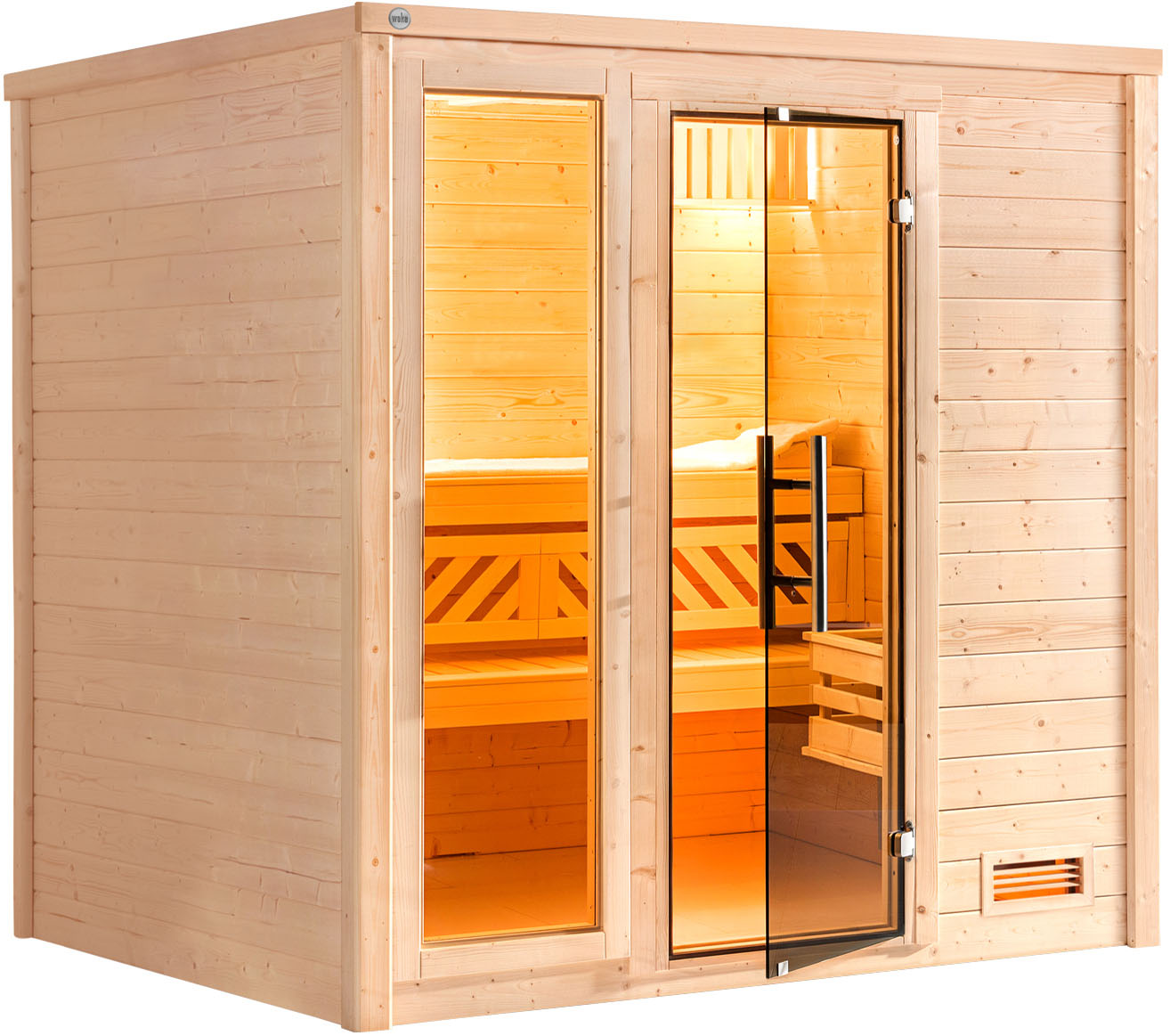 Sauna WEKA "Massivholzsauna BERGEN 2", beige (natur), Bio-Ofen, externe Steuerung, 7,5 kW, Saunen, Blockbohlen, Fensterelement, moderne Ganzglastür Image
