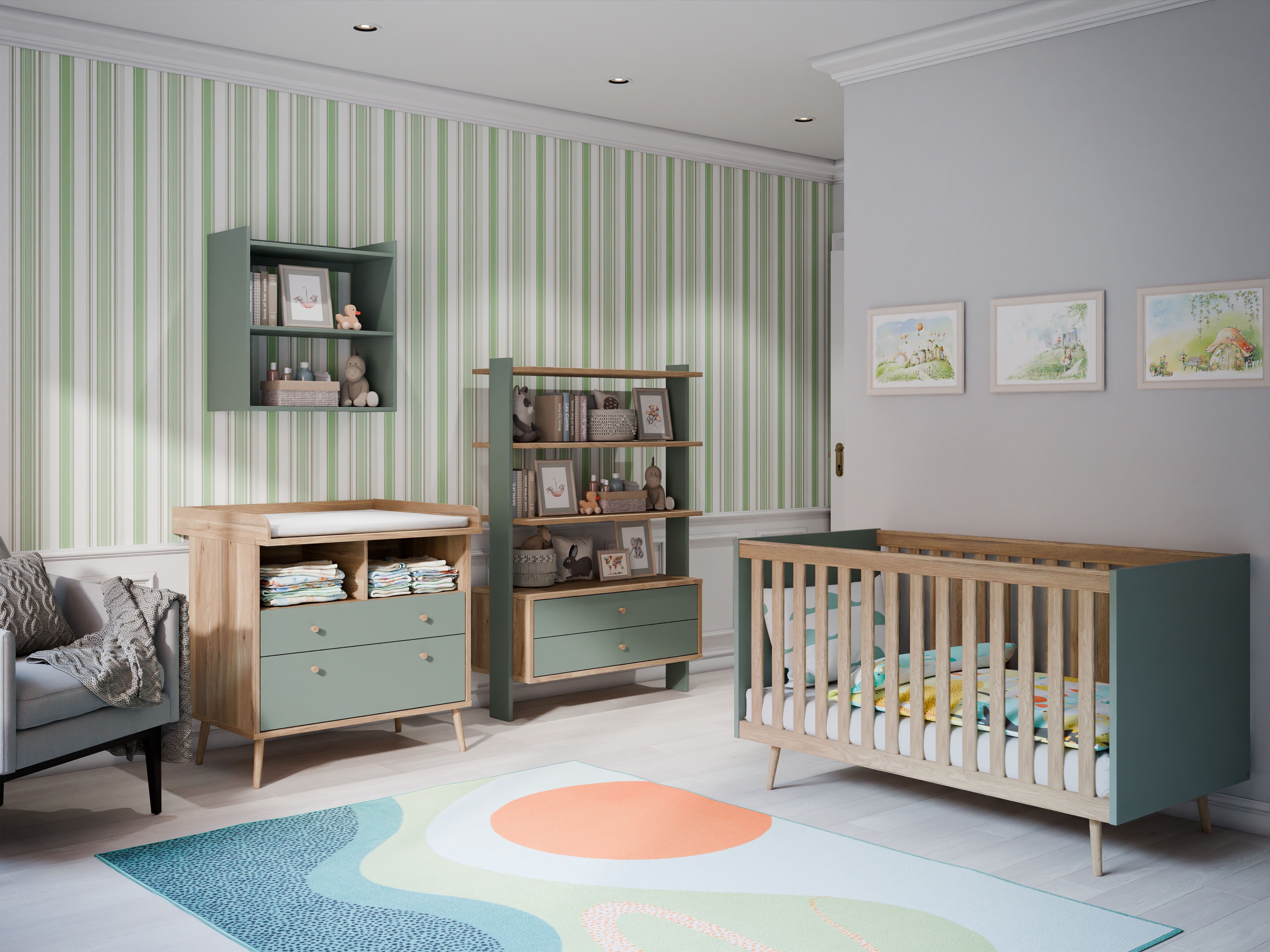 Babybett FORTE "Whenua", Baby, Gr. Lattenrost, Liegefläche B/L: 70cm x 140cm, kein Härtegrad, ohne Matratze, beige (salbei, mauvelle eiche), Spanplatte, Babybetten Image