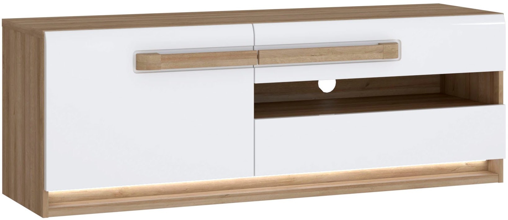 Lowboard FORTE "Attention TV-Board, TV-Schrank", rivera eiche, weiß glanz, B:139,9cm H:50cm T:41,5cm, Spanplatte, Sideboards, Lowboard, TV-Board, Beleuchtung, Soft Close, Kabelführung