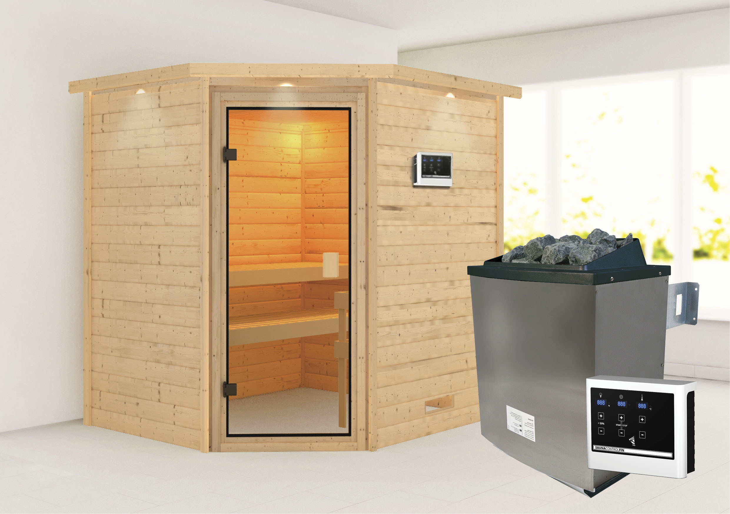 Sauna KARIBU "Mia (Fronteinstieg)", beige (naturbelassen), (ohne Ofen), Saunen, Ofen 9 KW externe Strg easy