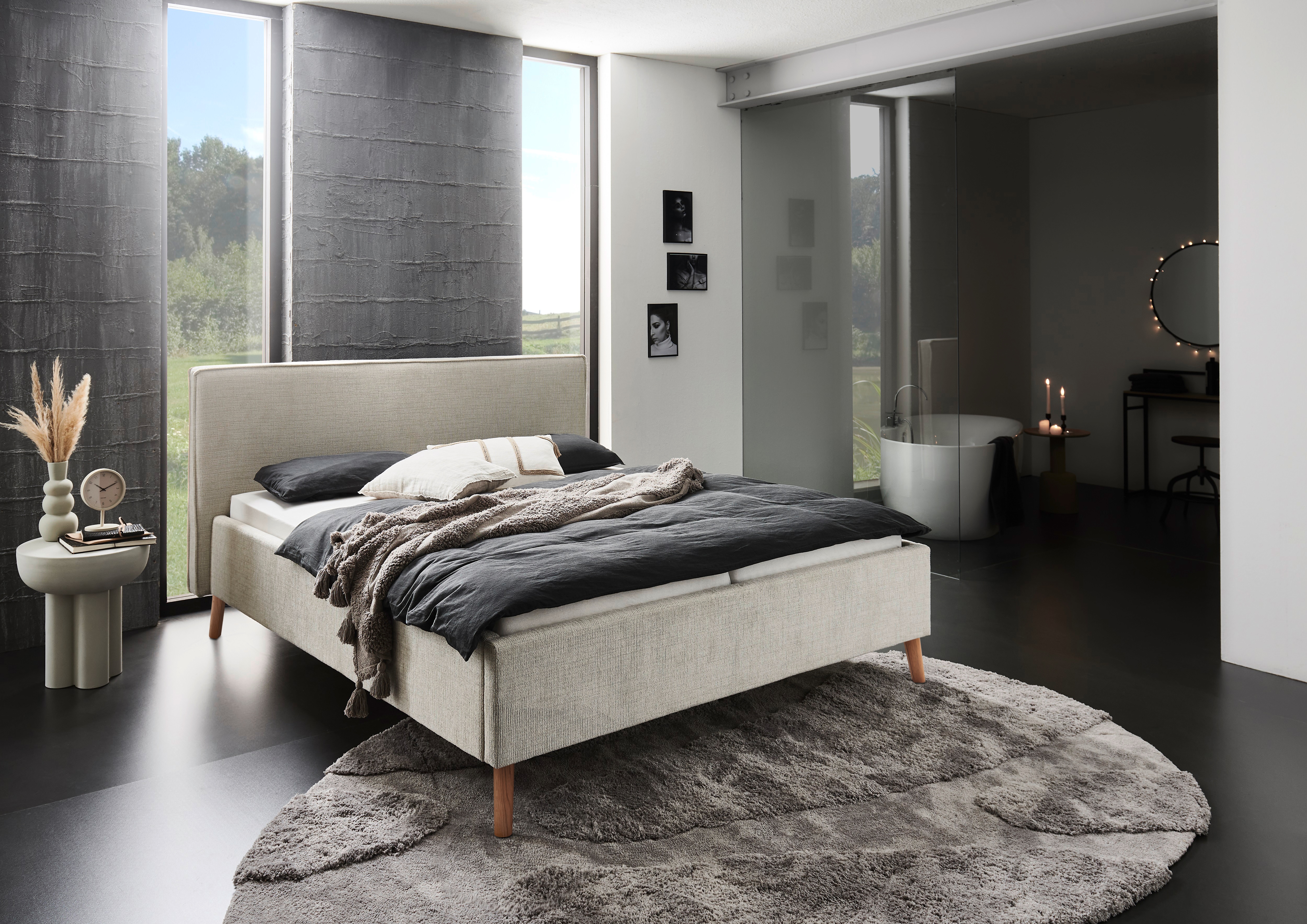 Polsterbett MEISE.MÖBEL "Riva", beige (greige, greige), B:185cm L:216cm, Betten, Polsterbett, mit eichefarbigen Holzfüßen, wahlweise mit Bettkasten und Lattenrost