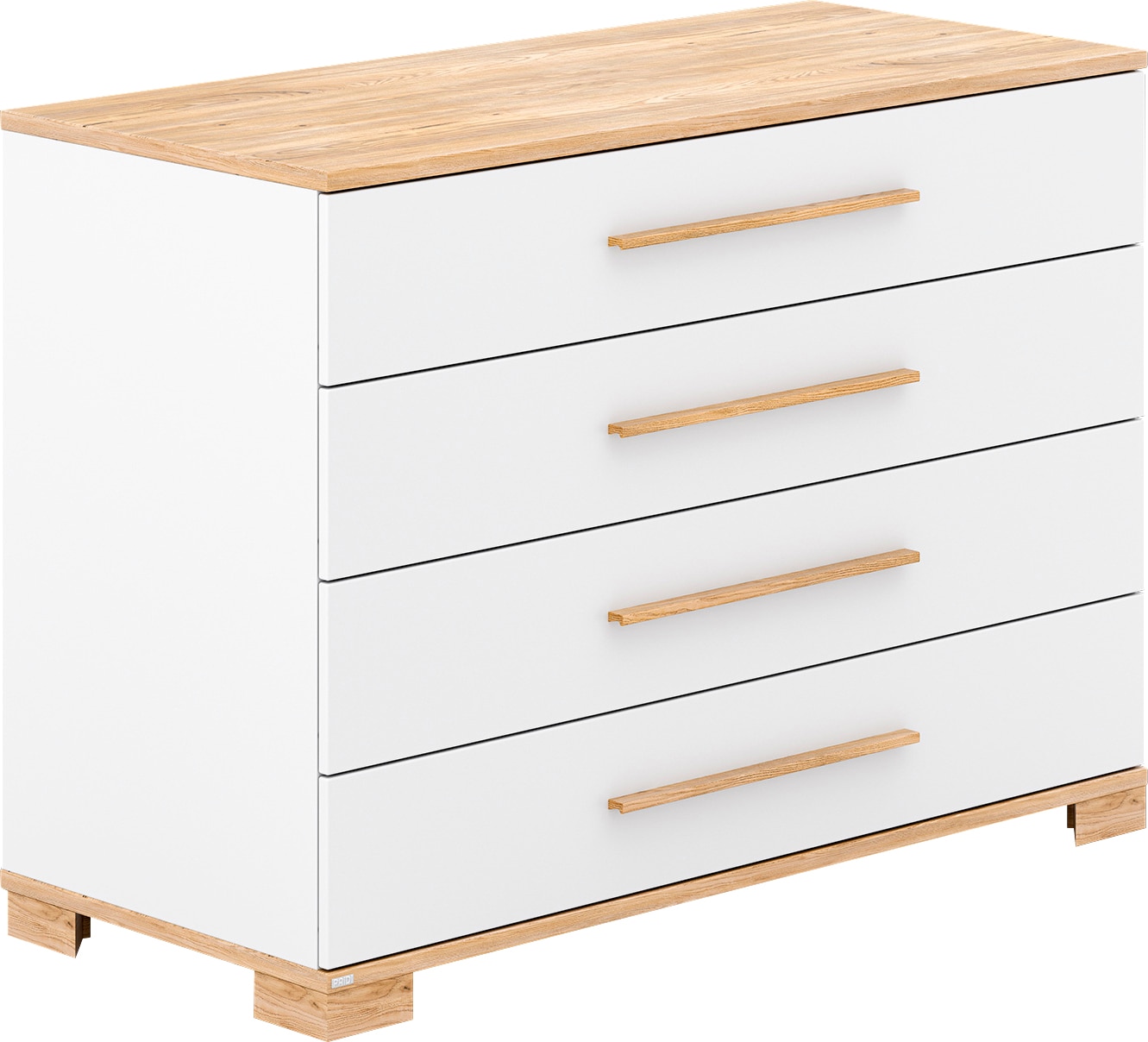 Wickelkommode PAIDI "YOLANDA in Weiß mit Eiche-Dekor, 4 Schubladen mit Softclose", weiß (kreideweiß, eiche, montana), B:126,8cm H:91,3cm T:55,6cm, Wickelkommoden, Wickelkommode, Massivholz-Griffe, langlebige Kommode, geprüfte Sicherheit