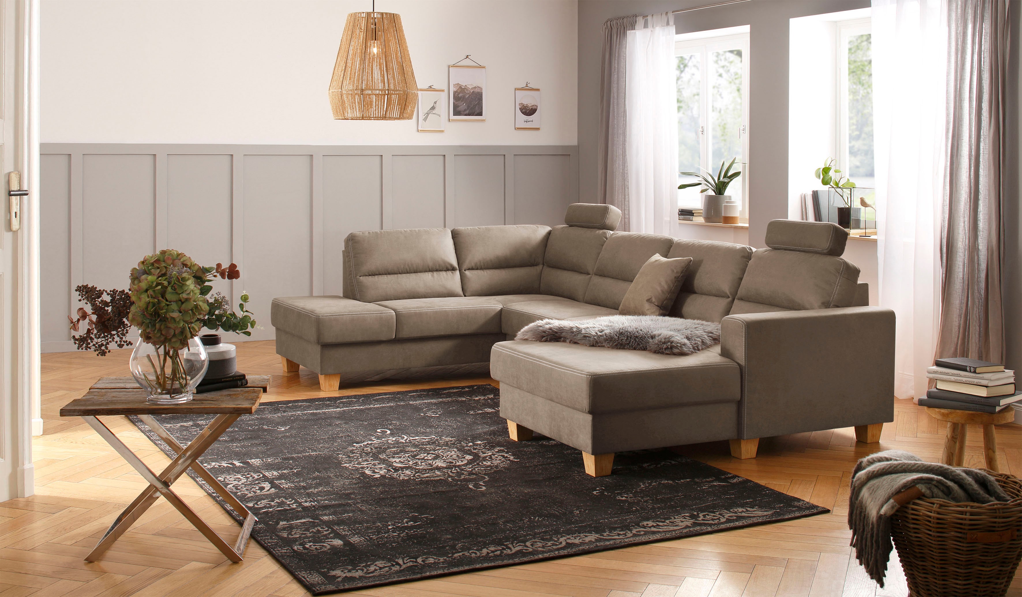 Wohnlandschaft HOME AFFAIRE "Navan, komfortabel mit viel Platz, U-Form", beige, B:313cm H:100cm, Sofas, Wohnlandschaft, wahlweise mit Bettfunktion und Kopfstütze
