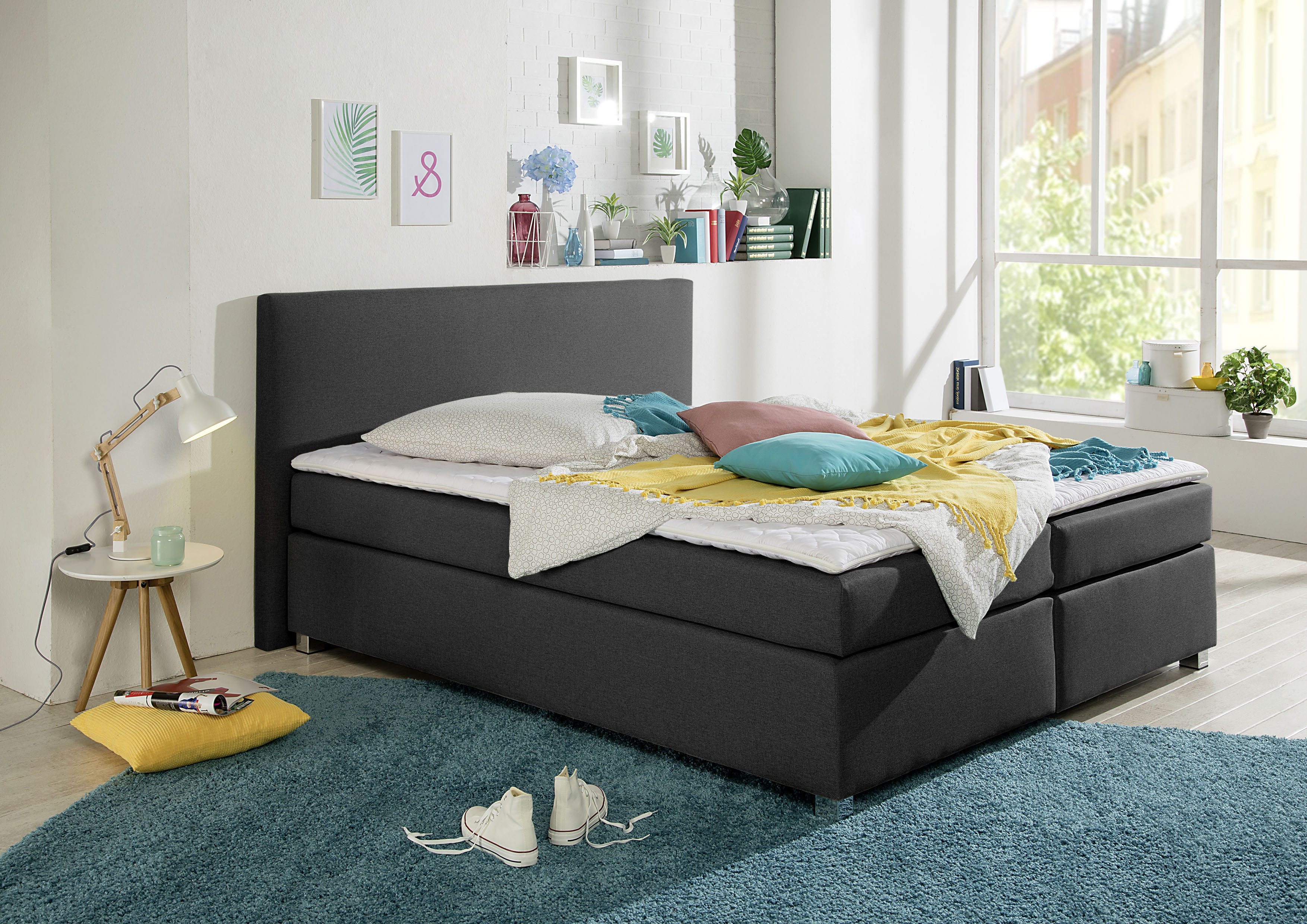 Boxspringbett INOSIGN "Eliana", grau (anthrazit), B:187cm L:230cm, Komplettbetten, Boxspringbett, inkl. Topper, in 4 Breiten, 3 Matratzenarten und 2 Härtegraden Image