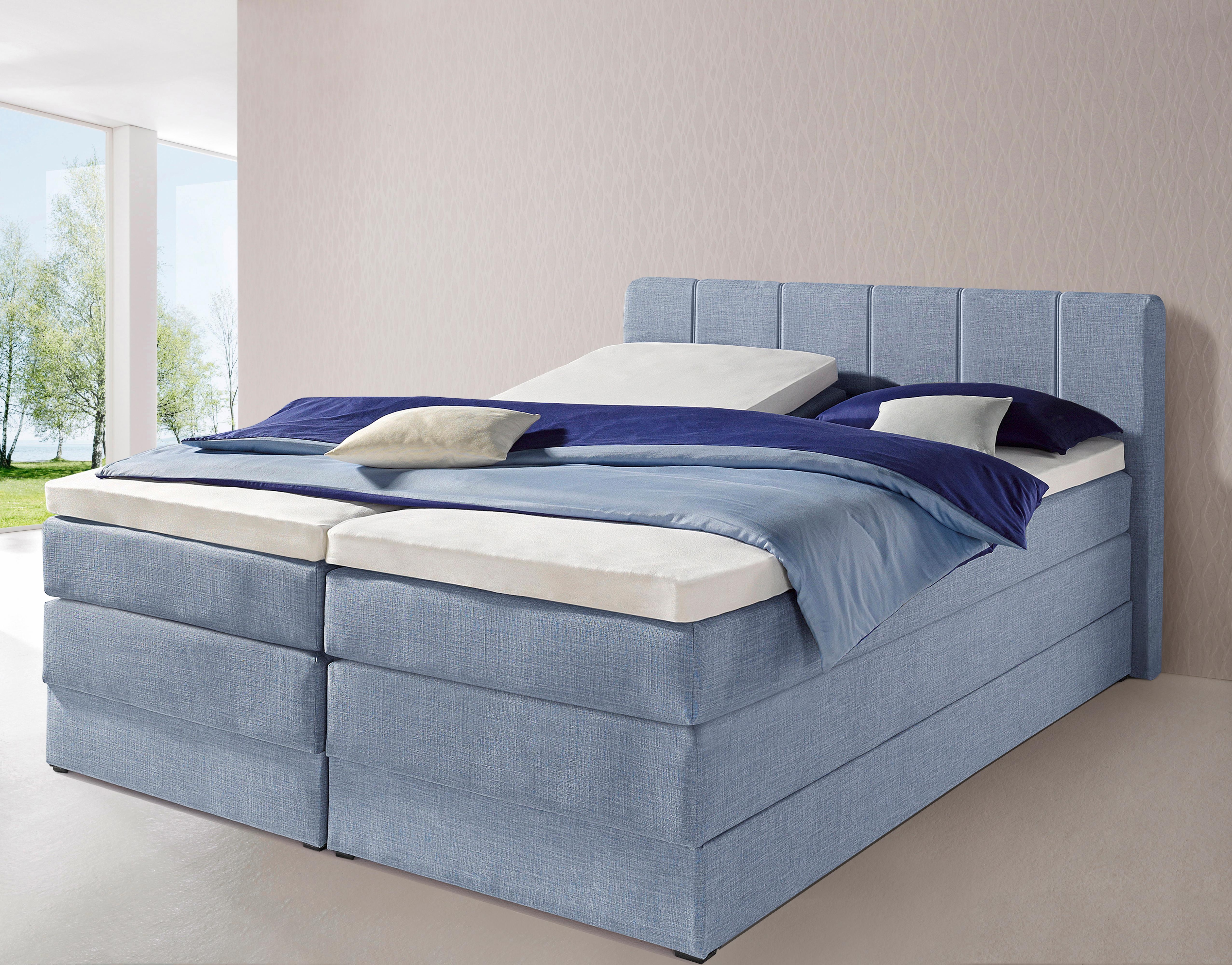 Boxspringbett HAPO, blau (hellblau), Liegefläche B/L: 200cm x 200cm, kein Härtegrad, 7-Zonen-Tonnentaschen-Federkernmatratze, Kopfteil, seitliche Unterbox und Obermatratze sind mit pflegeleichtem Feinstrukturstoff in Leinenoptik (100% Polyester)... Image