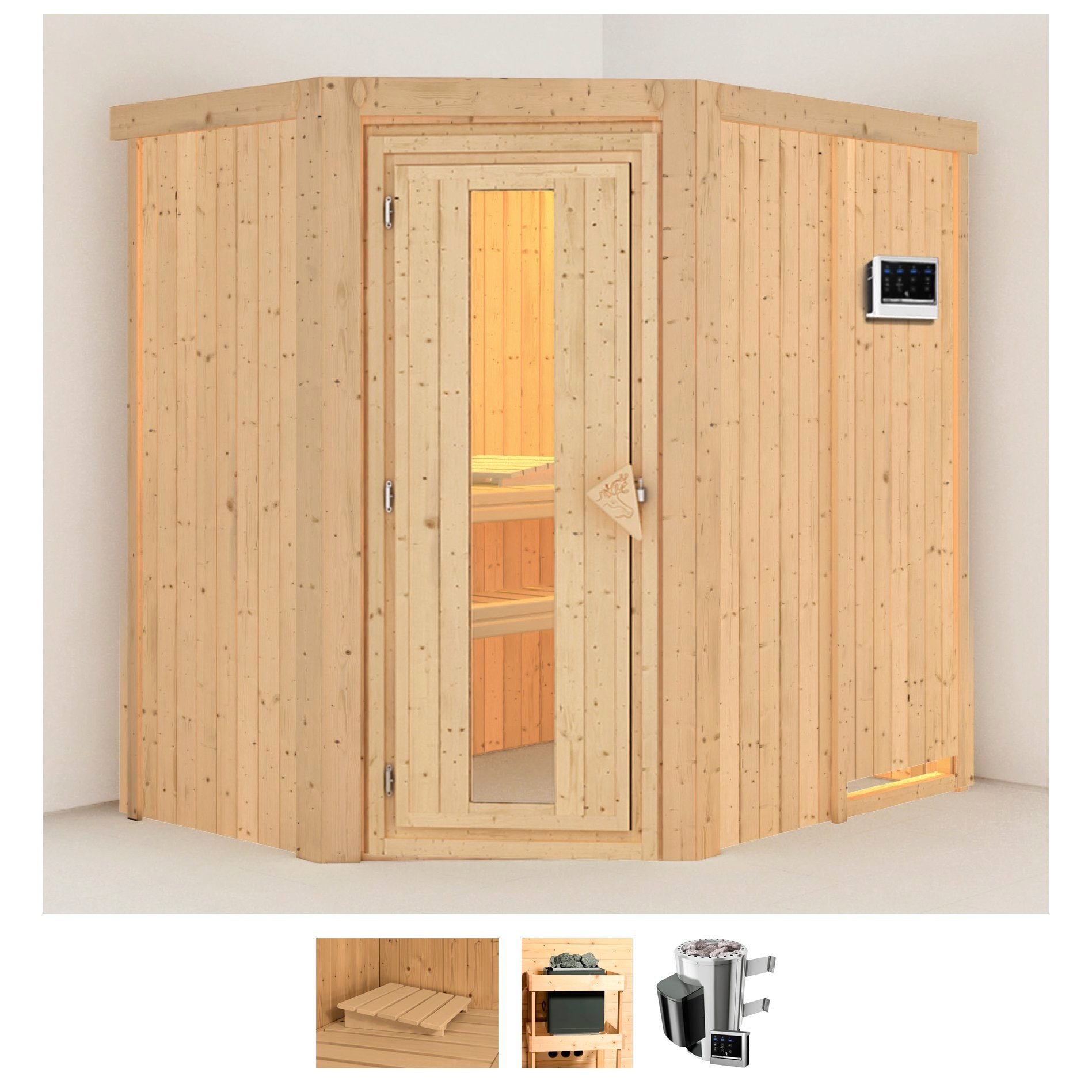 Sauna KARIBU "Swantje", beige (naturbelassen), Bio-Kombiofen, externe Steuerung, 3,6 kW, Saunen, 3,6-kW-Bio-Plug & Play Ofen mit externer Steuerung Image