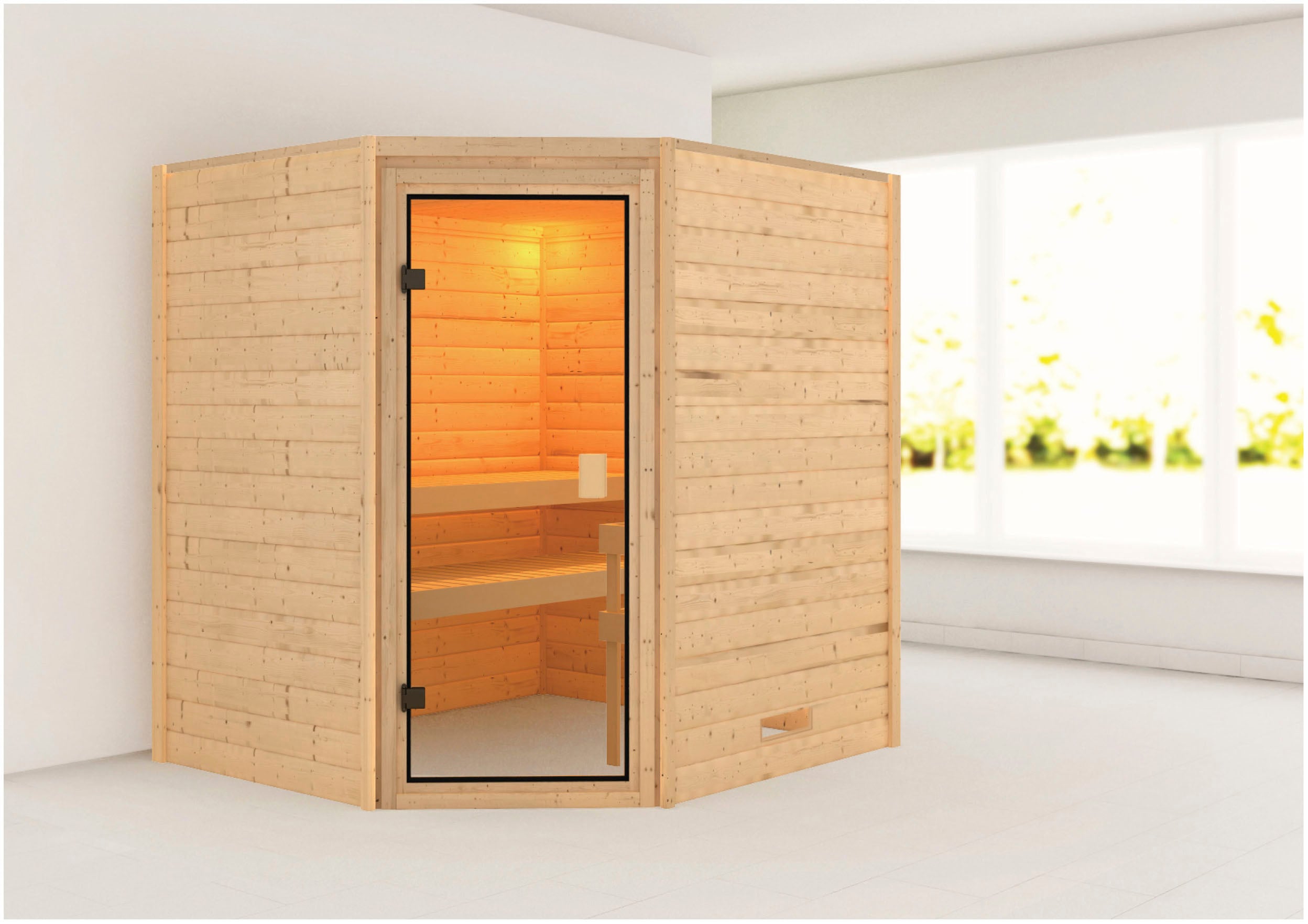 Sauna KARIBU "Mia (Fronteinstieg)", beige (naturbelassen), (ohne Ofen), Saunen, inklusive Ofenschutzgitter und Tür