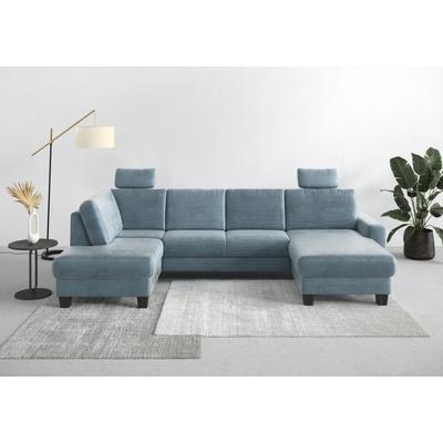 Wohnlandschaft HOME AFFAIRE "Summer U-Form", blau (blau, grau), B:314cm H:91cm T:170cm, 100% Polyester, Sofas, mit oder ohne Bettfunktion und Bettkasten, wengefarbene Holzfüße Image