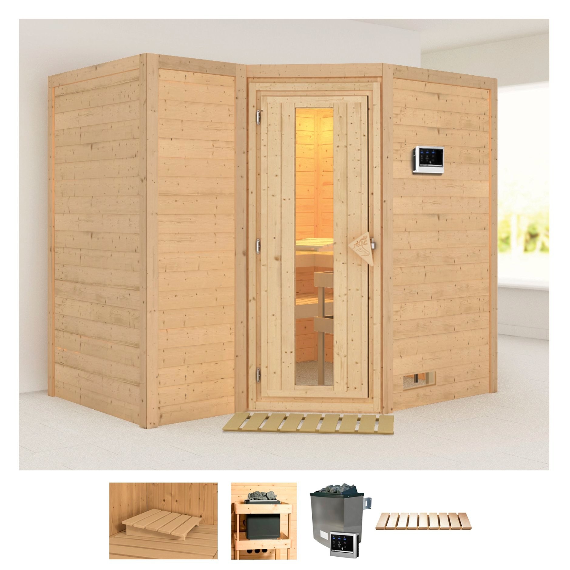 Sauna KARIBU "Sanna 2", beige (naturbelassen), Saunaofen, externe Steuerung, 9 kW, Saunen, 9-kW-Ofen mit externer Steuerung Image