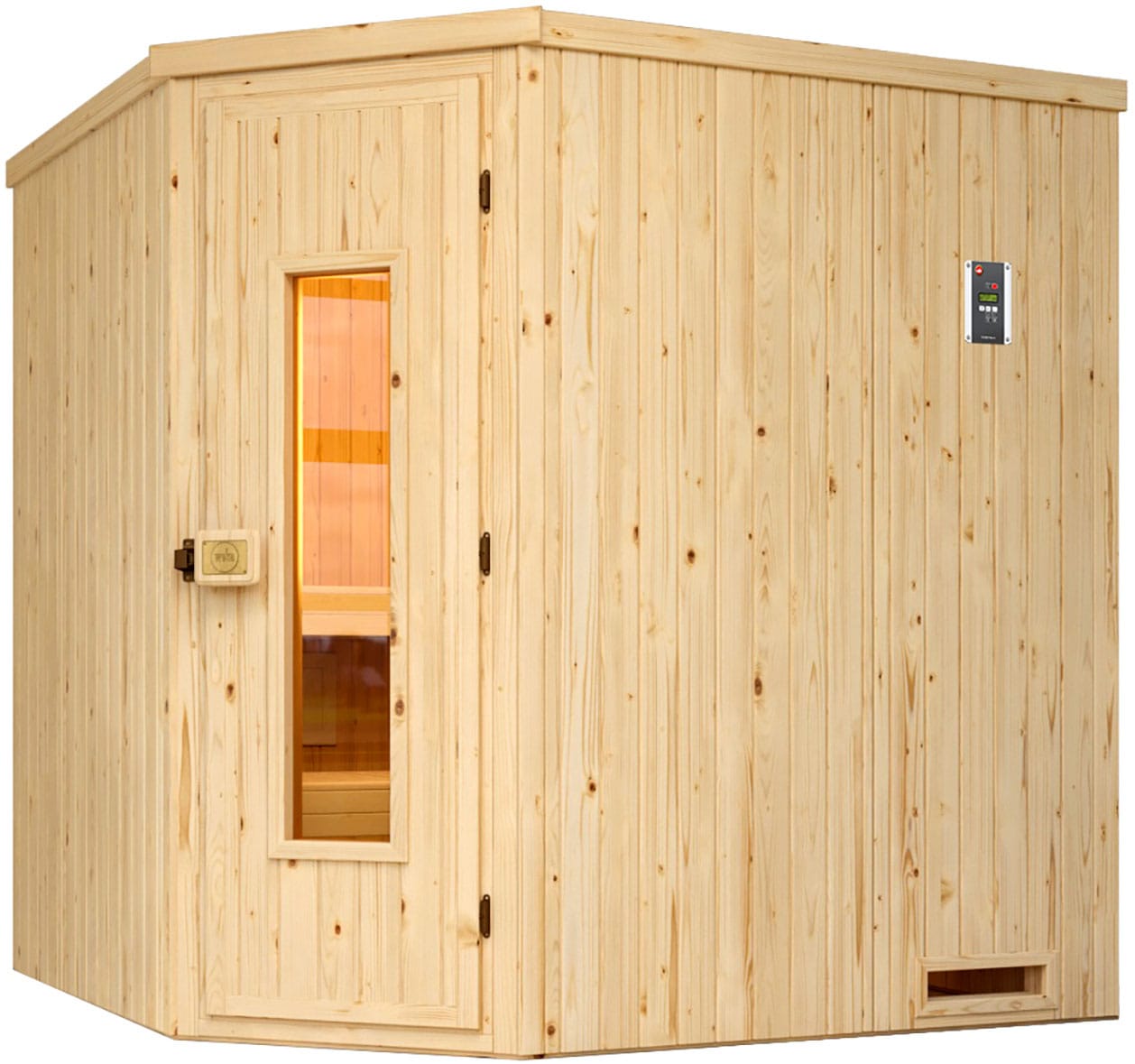 Sauna WEKA "Element-Ecksauna VARBERG 2", beige (natur), Saunaofen, integrierte Steuerung, 5,4 kW, Saunen, vorgefertigte Elemente, isolierte Holztür