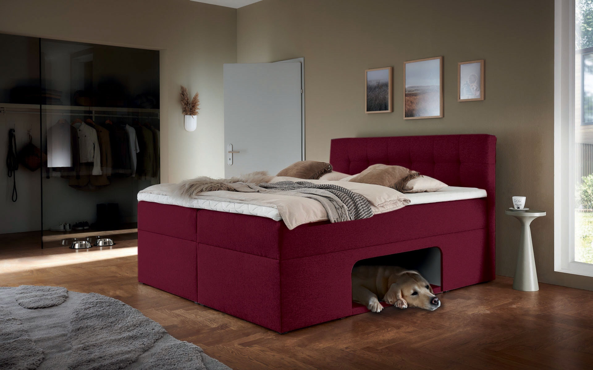 Boxbett PLACES OF STYLE "Carolin", rot (bordeaux meliert), B:162cm L:210cm, Komplettbetten, mit Nische inkl. gepolsterter Unterlage für Haustiere Image