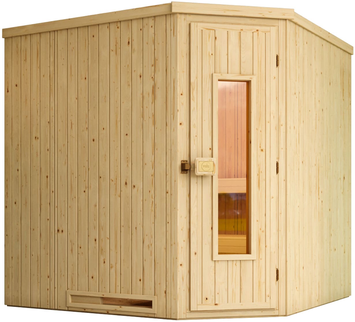 Sauna WEKA "Element-Ecksauna VARBERG 3", beige (natur), Saunaofen, externe Steuerung, 7,5 kW, Saunen, vorgefertigte Elemente, isolierte Holztür Image