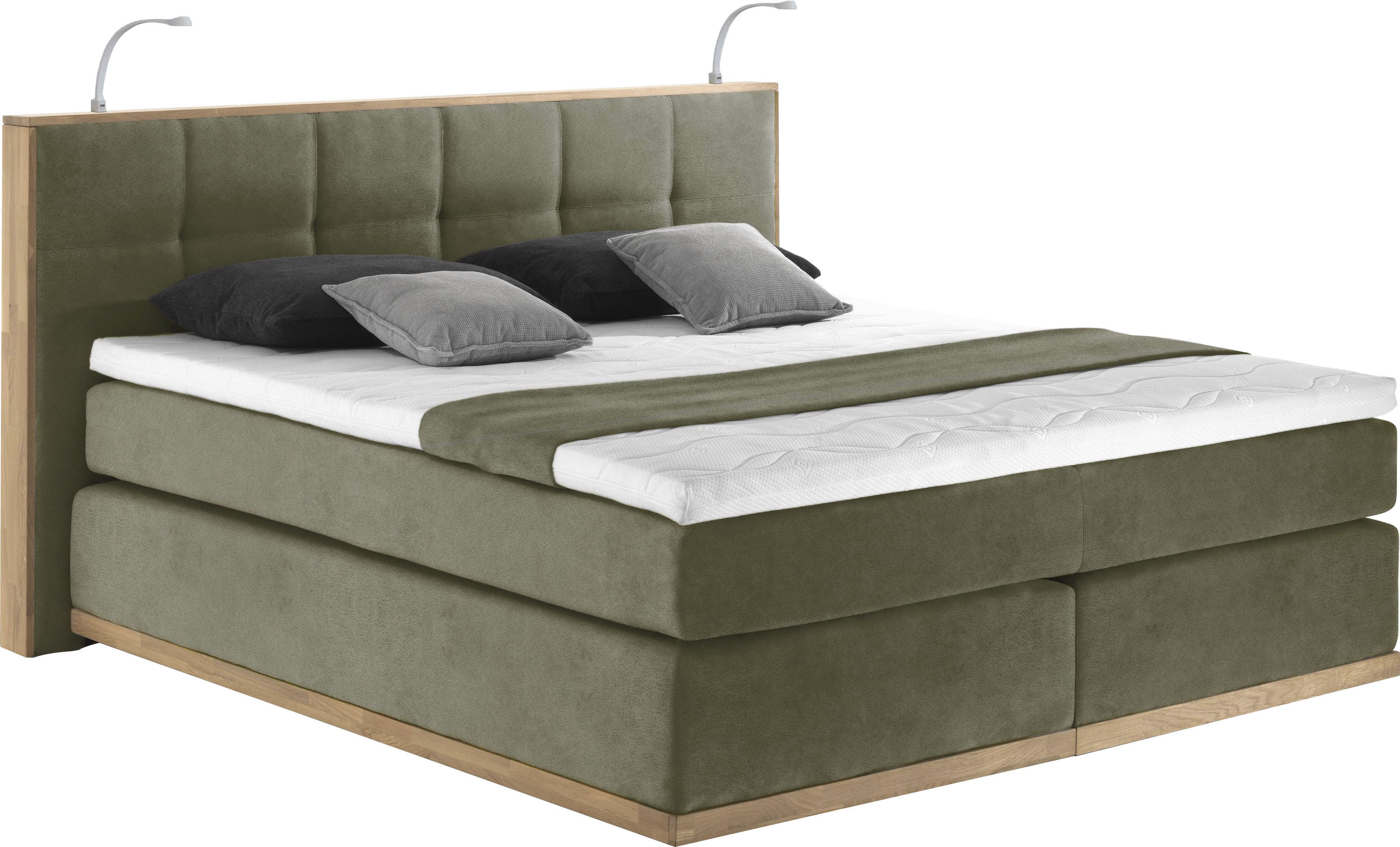 Boxspringbett PLACES OF STYLE "Vinton", grün (olive), B:220cm L:213cm, Komplettbetten, Boxspringbett, aus Eiche, mit LED-Beleuchtung, verschiedene Härtegrade (auch H4) Image
