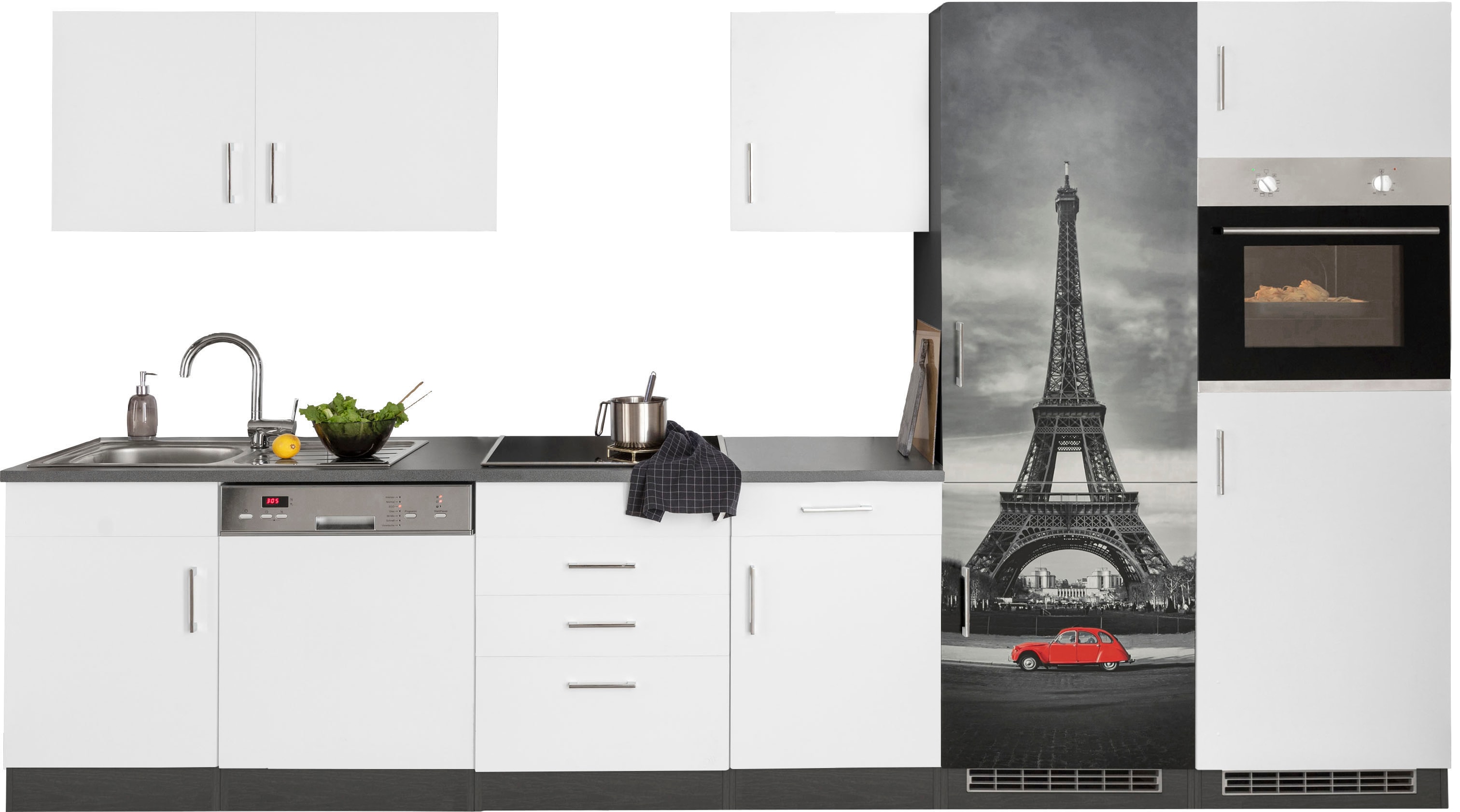 Küchenzeile KOCHSTATION "KS-Paris", weiß (küche: weiß, korpus: grafit, arbeitsplatte: anthrazit), B:340cm T:60cm, Komplettküchen-Sets, ohne E-Geräte, Breite 340 cm Image