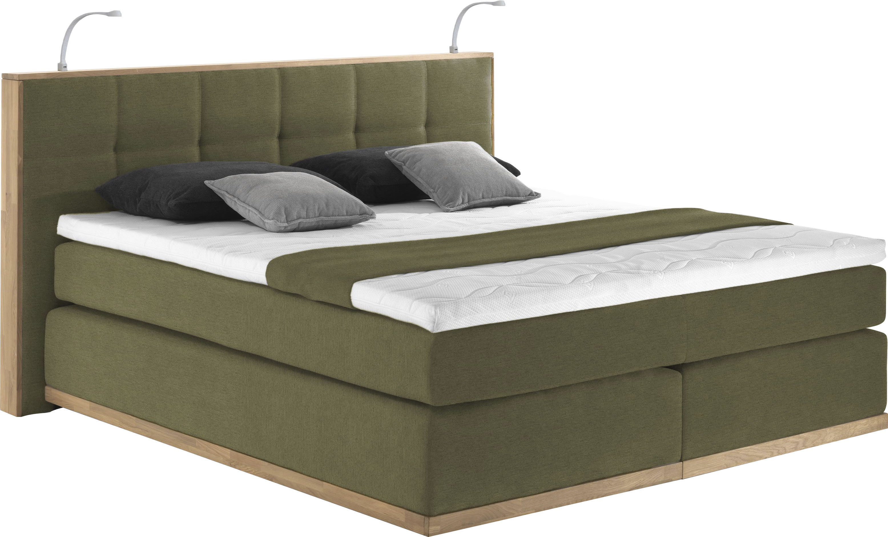 Boxspringbett PLACES OF STYLE "Vinton", grün (olive), B:200cm L:213cm, Komplettbetten, Boxspringbett, aus Eiche, mit LED-Beleuchtung, verschiedene Härtegrade (auch H4) Image