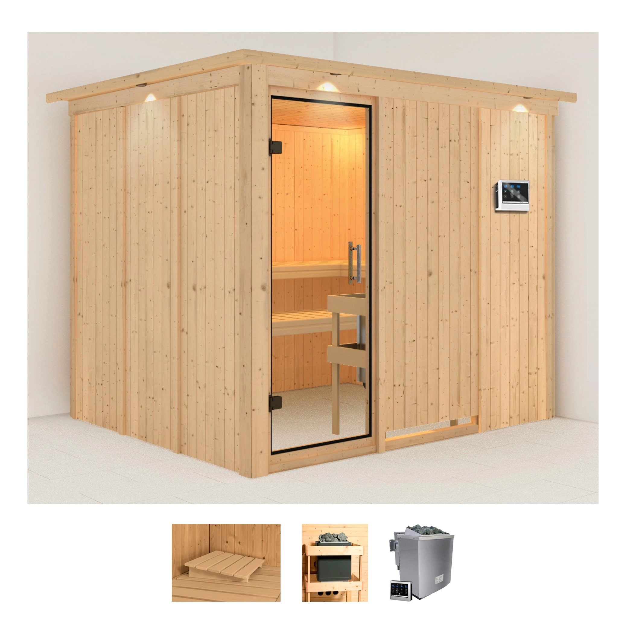 Sauna KARIBU "Gitte", beige (naturbelassen), Saunaofen, externe Steuerung, 9 kW, Saunen, 9-kW-Ofen mit externer Steuerung Image