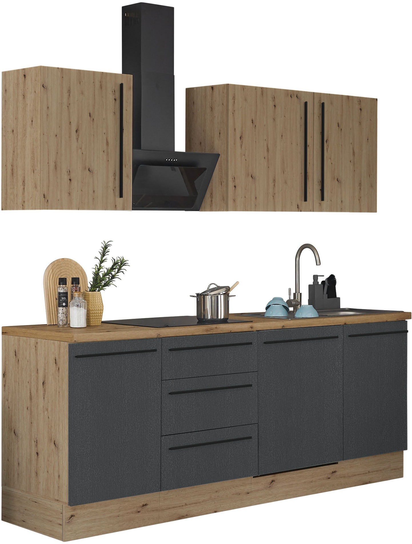 Küchenzeile KOCHSTATION "Florida", schwarz (küche: schwarz, front: artisan eiche, schwarz matt, korpus: artisan eiche, arbeitsplatte: artisan eiche), B:220cm H:211cm T:60cm, Komplettküchen-Sets, Breite 220 cm, Softclose für Türen und Schubkästen,...