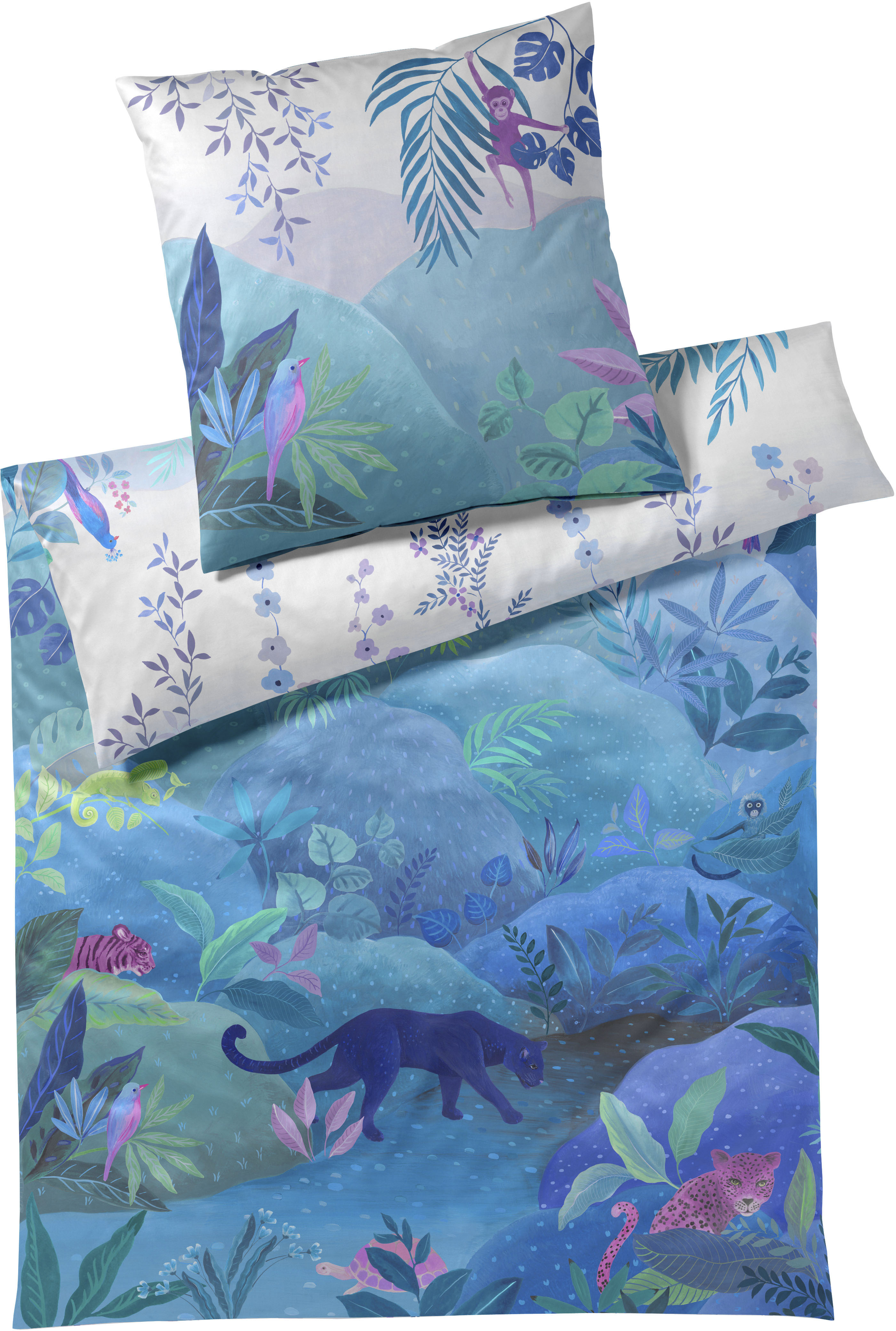 Bettwäsche ELEGANTE "Fairytale", bunt (türkis, grün), B/L: 155cm x 220cm, 1 Stk., 1 Stk., Mako-Satin, B/L: 80cm x 80cm, 2 Stk., Mako-Satin, Obermaterial: 100% Baumwolle, Bettwäsche, Bettwäsche, angenehmes Hautgefühl