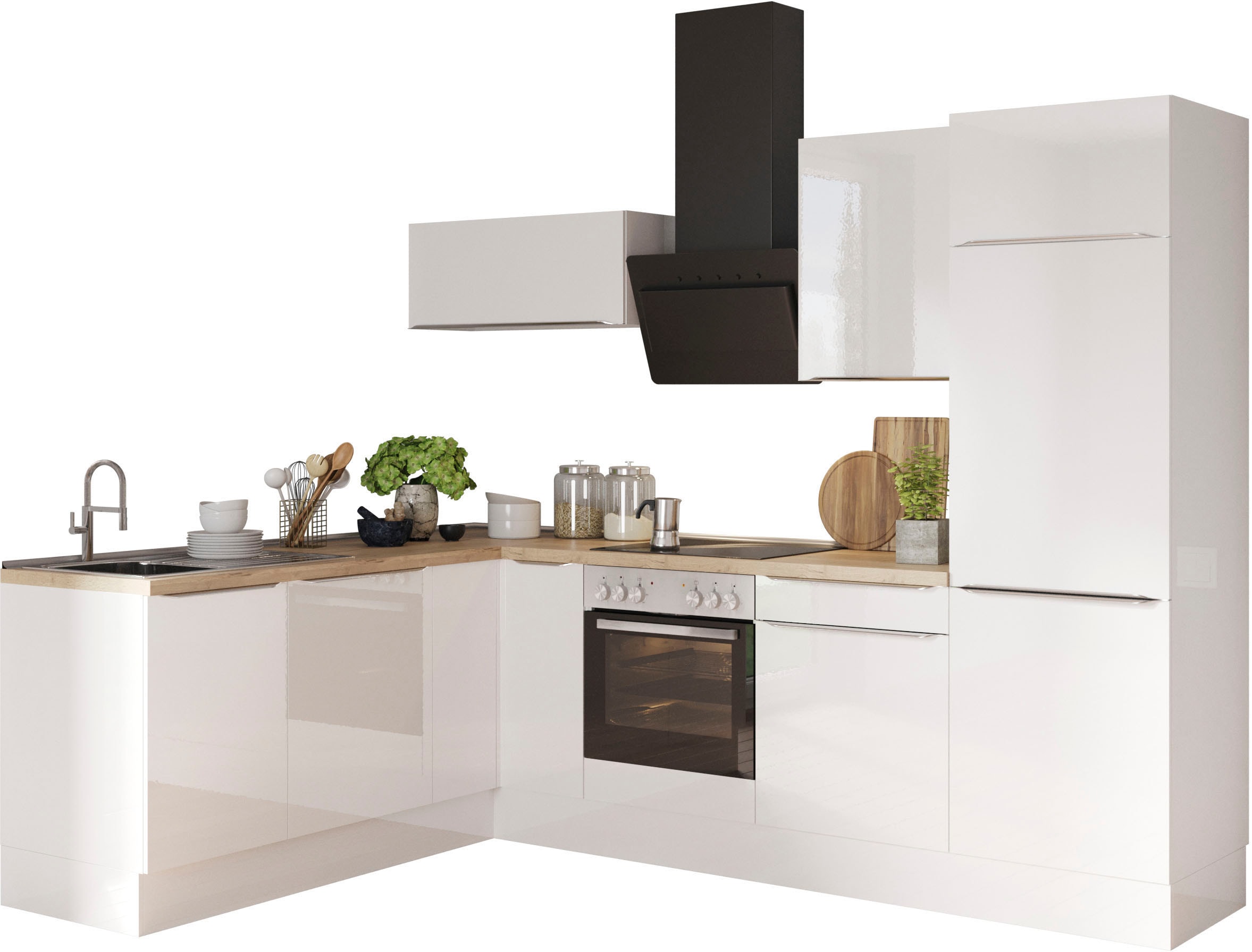 Winkelküche KOCHSTATION "KS-Aken", küche: weiß, korpus: weiß matt, arbeitsplatte: eiche struktur, B:270cm H:212cm T:60cm, Komplettküchen-Sets, L-Küche, wahlweise mit E-Geräten und Stellvariante Spüle links oder rechts Image