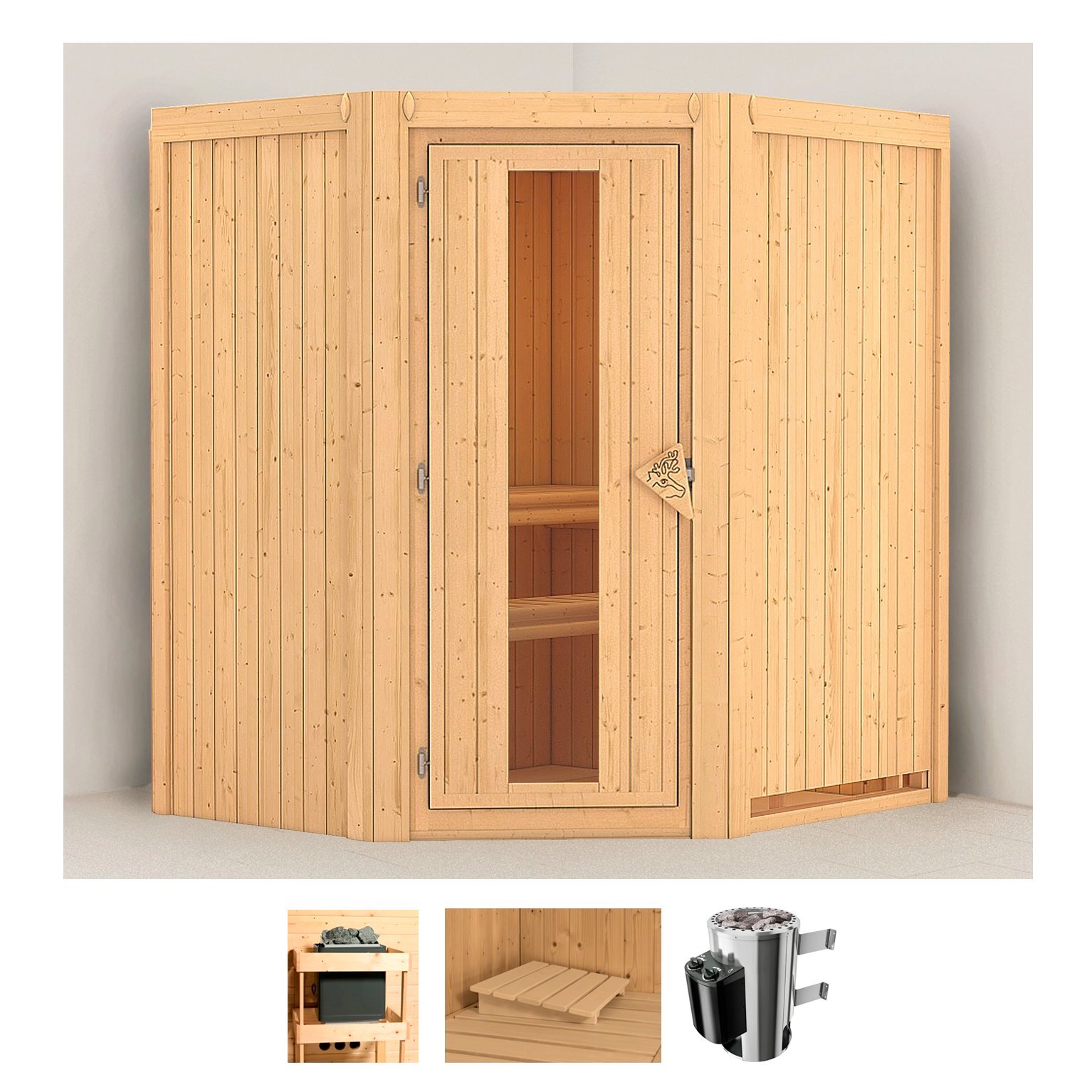Sauna KARIBU "Tomke", beige (naturbelassen), Saunaofen, integrierte Steuerung, 3,6 kW, Saunen, Ofen 3,6 kW intgr. Strg