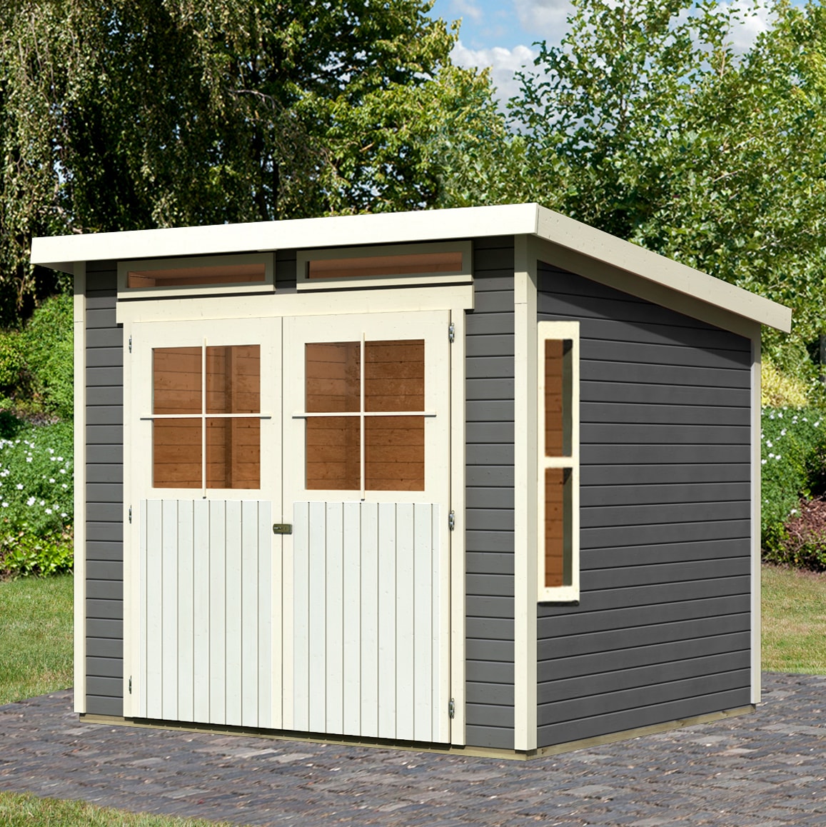 Gartenhaus KARIBU "Falkensee 4", grau (terragrau, elfenbeinfarben, naturbelassen), ohne Fußboden, ohne Dacheindeckung, Holzwerkstoff, Gartenhäuser, Gartenhaus