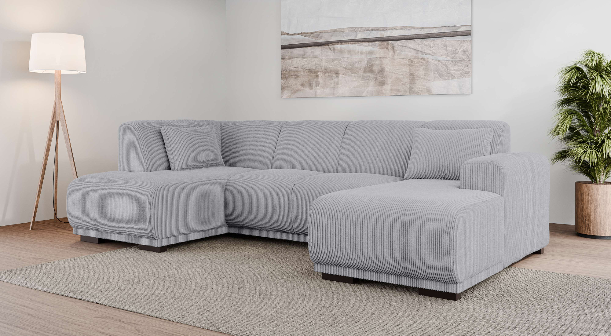 Wohnlandschaft HOME AFFAIRE "BORNHOLM U-Form mit Recamiere rechts/links, B/T/H: 300/162/85 cm", grau (hellgrau), B:300cm H:85cm T:162cm, 100% Polyester, Sofas, Wohnlandschaft, U-Form mit Wellenunterfederung, Recamiere rechts oder links bestellbar