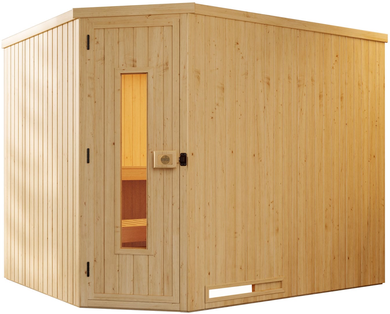 Sauna WEKA "Element-Ecksauna VARBERG 4", beige (natur), Saunaofen, integrierte Steuerung, 0,9 kW, Saunen, vorgefertigte Elemente, isolierte Holztür