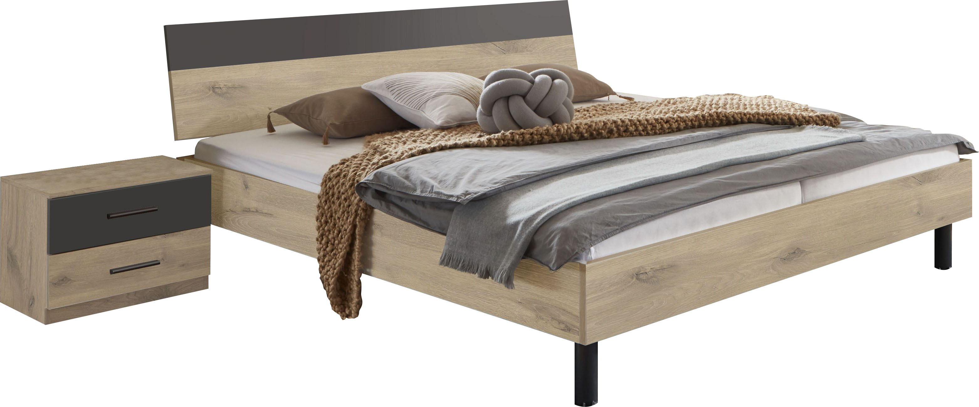 Bettanlage WIMEX "Budapest", grau (viking oak, graphit), H:81cm T:210cm, Spanplatte, Schlafzimmermöbel-Sets, Inklusive 2 Nachtschränke, Liegefläche 180x200cm Image
