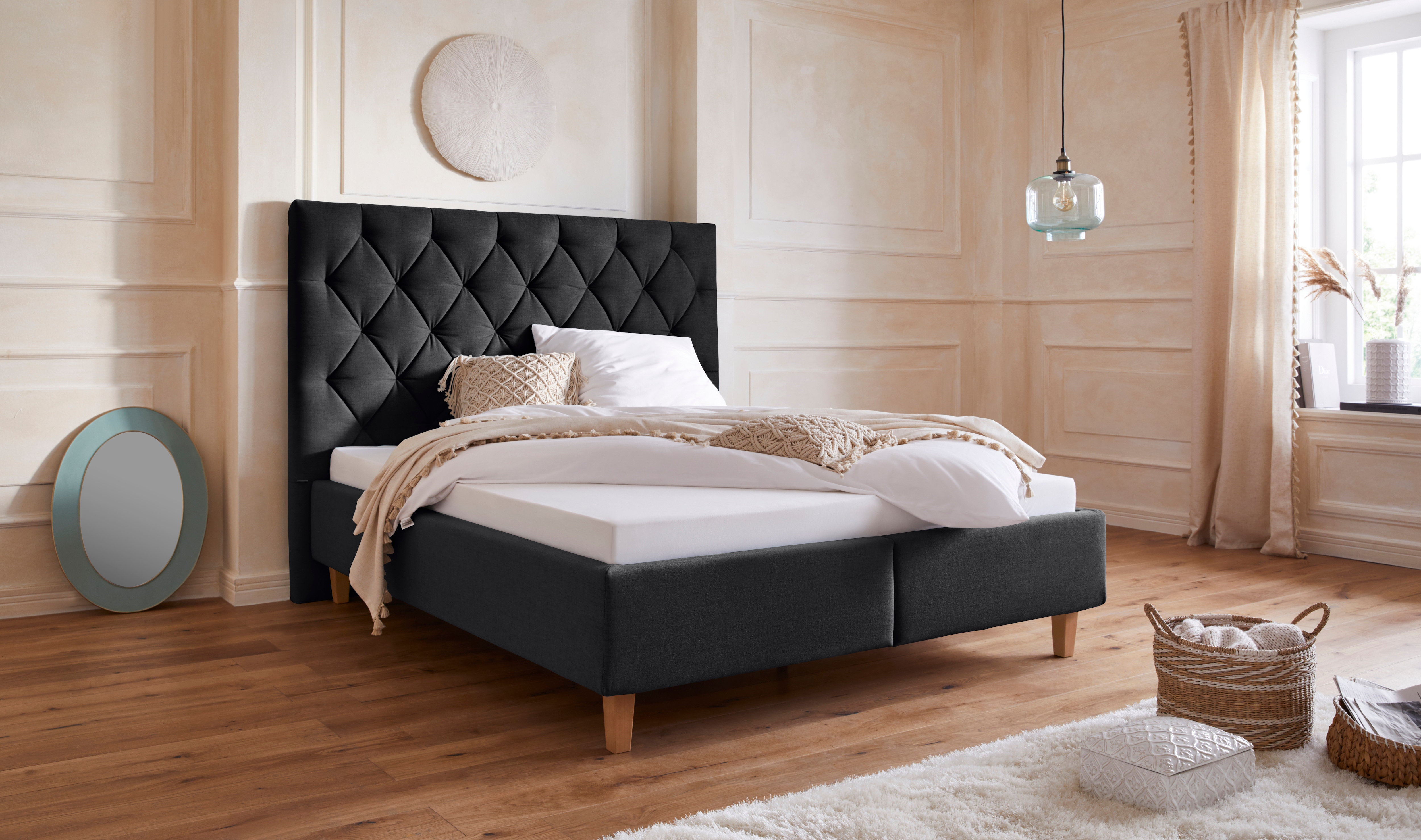Polsterbett HOME AFFAIRE "Sunley 140", grau (anthrazit), B:183cm L:210cm, Struktur (100% Polyester);Samtstoff (100% Polyester), Betten, Kreuzsteppung, Kopfteilhöhe 142 cm, ohne oder mit Matratze/Lattenrost Image
