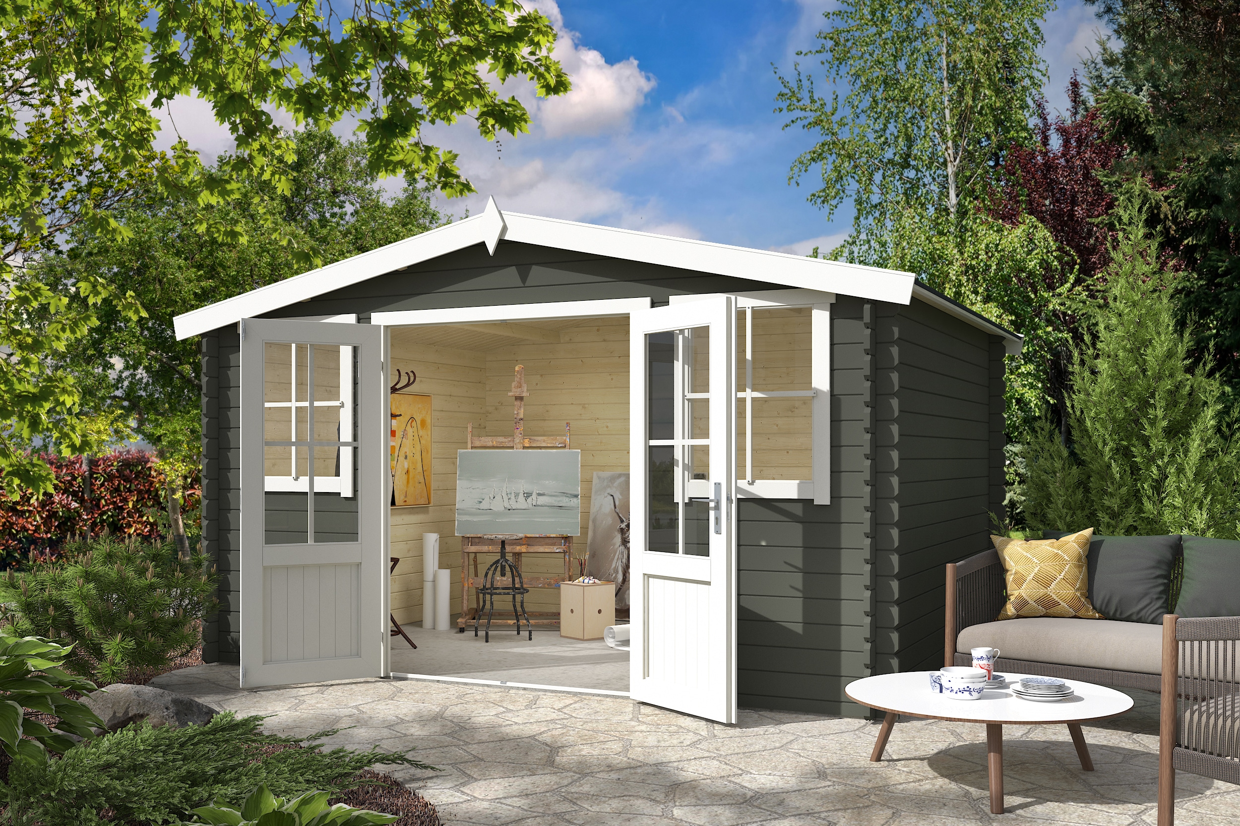 Gartenhaus NORDIC HOLZ "Dallas", grün (grüngrau), ohne Fußboden, Massivholzdach, Holz, Gartenhäuser, Gartenhaus