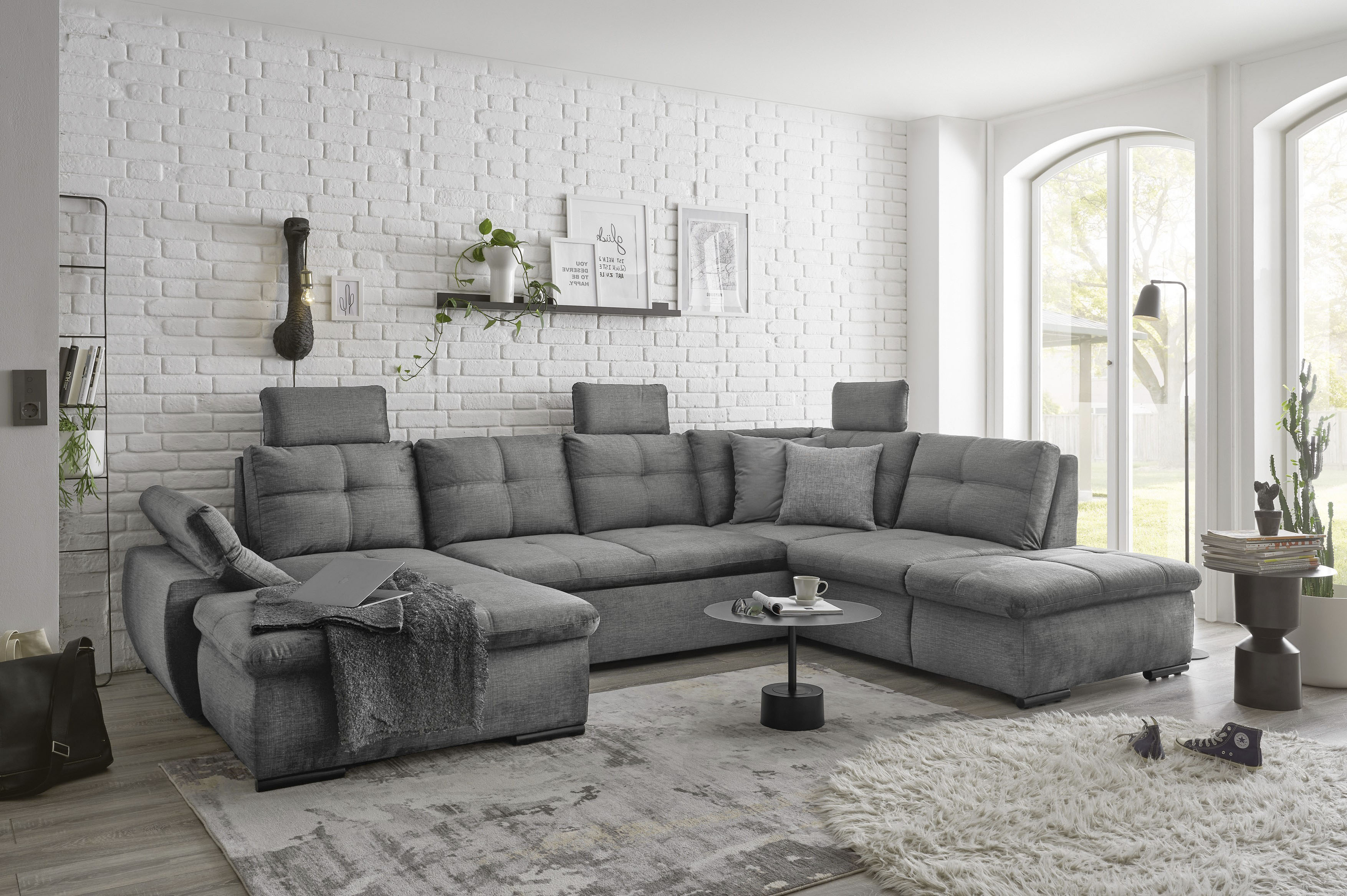 Wohnlandschaft ED EXCITING DESIGN "Alija U-Form", grau, B:334cm H:107cm T:217cm, 100% Polyester, Sofas, Wohnlandschaft, mit Bettfunktion, Bettkasten, Armteilverstellung & Kopfstützen