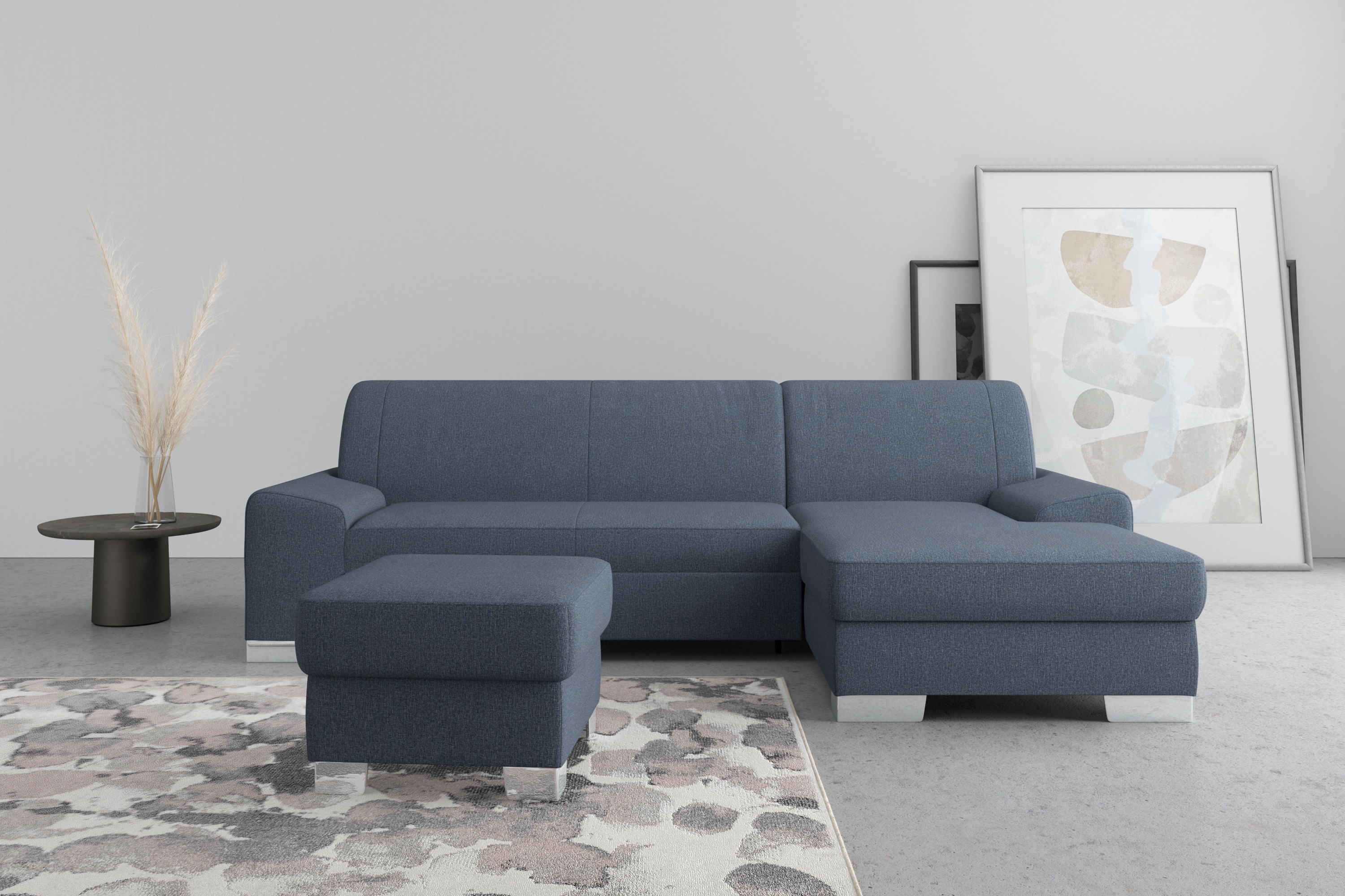 Ecksofa DOMO COLLECTION "Anzio L-Form, whlw. Bettfunktion, Federkern, hochwertig, Breite 271 cm", blau, B:271cm H:85cm T:160cm, Sofas, Ecksofa, Mit Bettfunktion, Recamiere rechts, Feinstruktur, blau