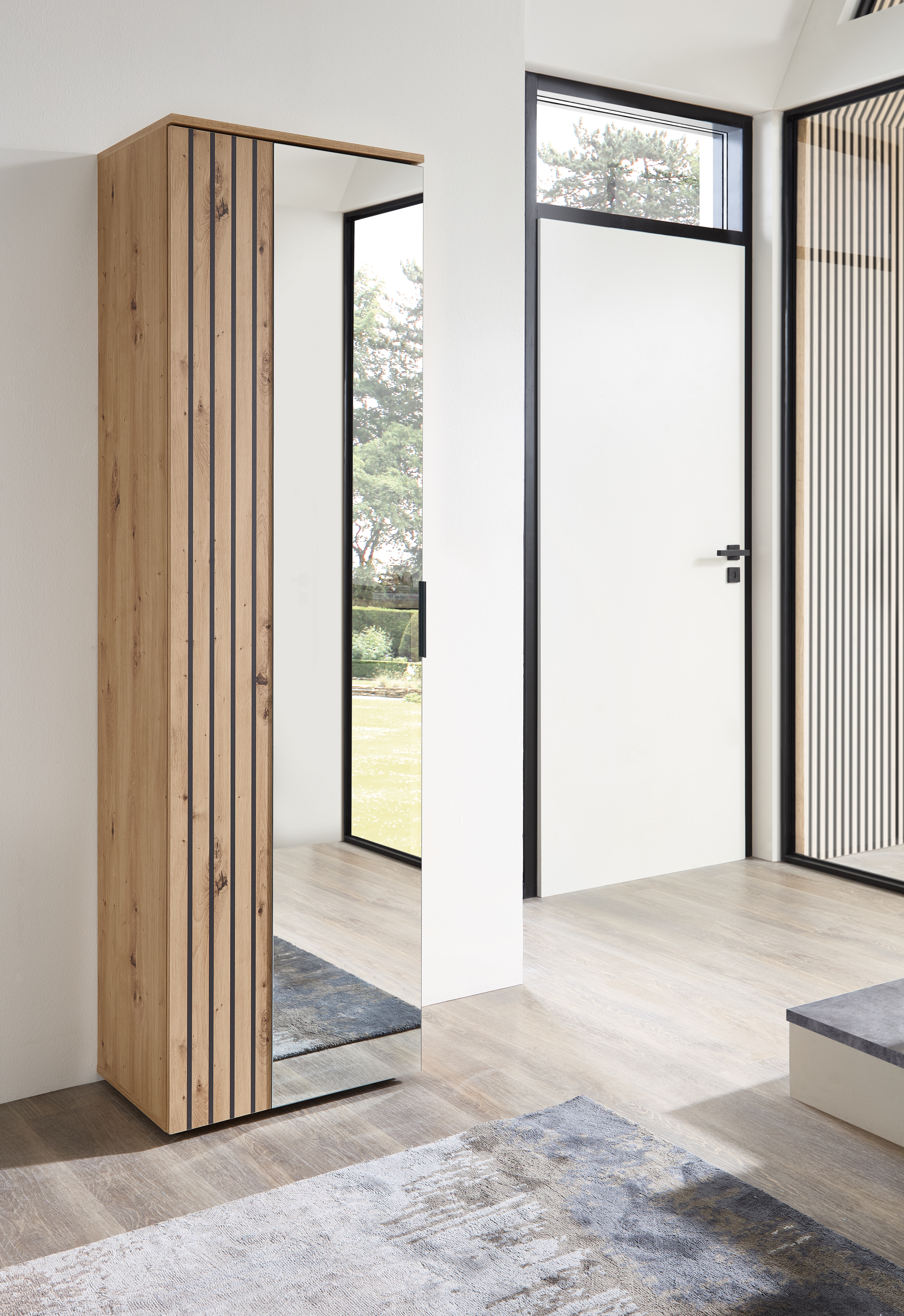 Garderobenschrank HBZ "Volano in Eiche Artisan Dekor, BxHxT 57x195x38cm", schwarz (artisan eiche, anthrazit), B:57cm H:195cm T:38cm, Holzwerkstoff, Schränke, Garderobenschrank, Mit 1 Kleiderstange ausziehbar, 4 Einlegeböden